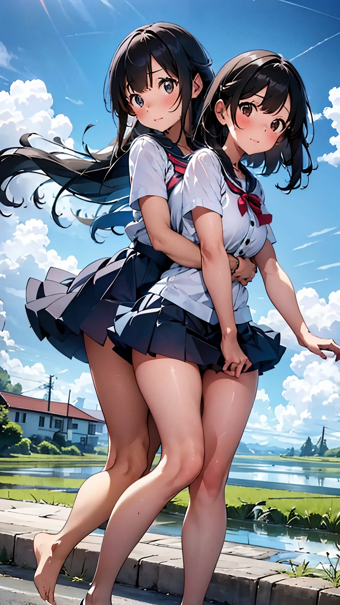  two girls 、 the whole body is reflected around the body 、Girls hugging each other、 best smile 、 long haired school girl、Big Breasts、plain short sleeve shirt、The miniskirt rolls up in the wind and white panties are visible、bare feet and leather shoes 、Rice paddies to the tip of the horizon 、Cumulonimbus and blue sky