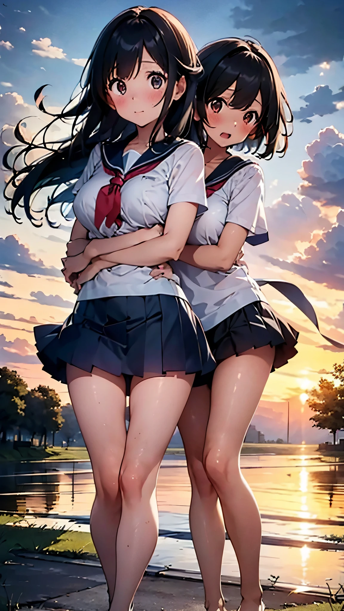  two girls 、 the whole body is reflected around the body 、Girls hugging each other、 best smile 、 long haired school girl、Big Breasts、plain short sleeve shirt、The miniskirt rolls up in the wind and white panties are visible、bare feet and leather shoes 、Rice paddies to the tip of the horizon 、Cumulonimbus and blue sky