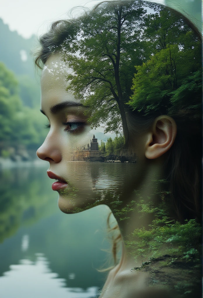 (Double exposure:1.3), effect of a women's face superimposed on a pond,  ultra detailed