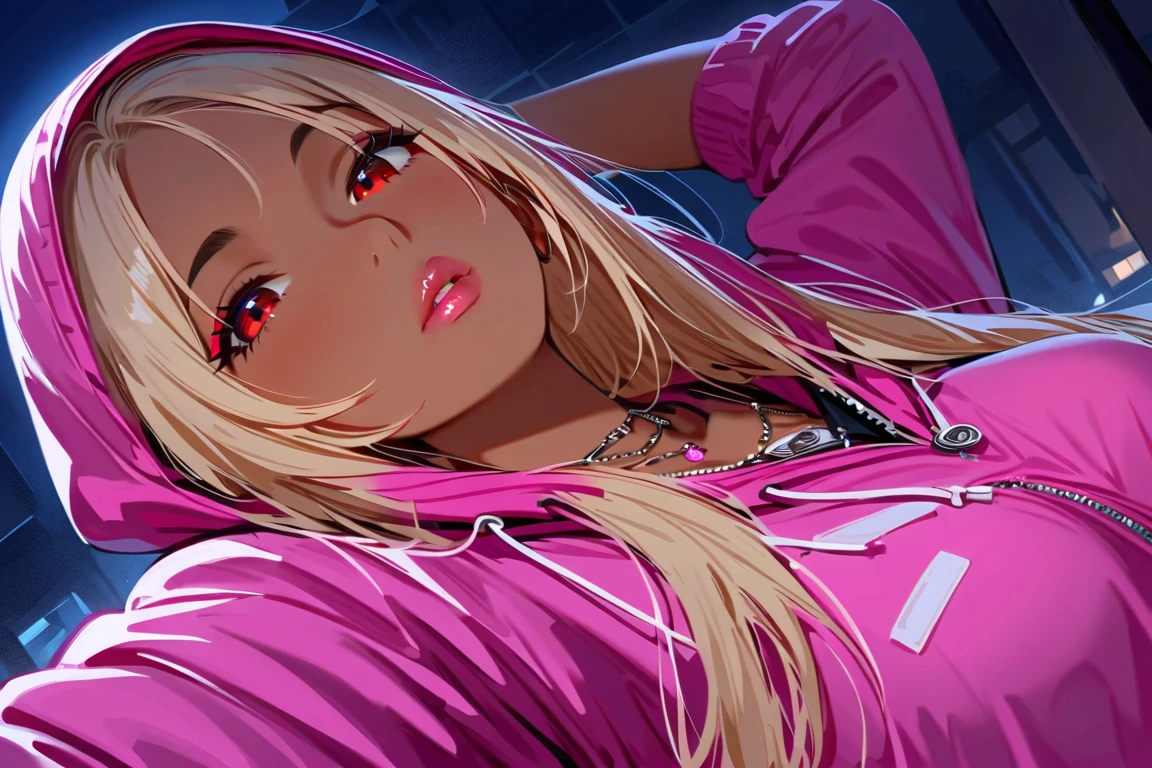 A beautiful woman in gyaru makeup and on the busy streets of Gintama, surrounded by vendors, beautiful portrait of a stunning goddess girl, beautifull detailed face, Porcelain Skin, half-body shot, centred,(he's black,へそ:1.2),((moonlights,natta,grandes neons,strong neon lighting,rim lighting,two tone lighting))),