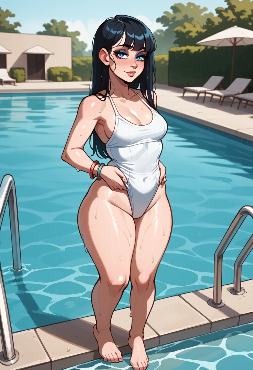   Incredible photo of a sexy woman with long black hair,  fair skin , straight hair with bangs ,seductive look,  Blue Eyes,soft lips,   discreet smile , blushing intensely  , white swimsuit,  hands around the waist, bracelets,,medium chest,   perfect body,  relaxed,makeup, thick thighs  , alone,   standing by the pool,wet, barefoot  ,   perfect anatomy  