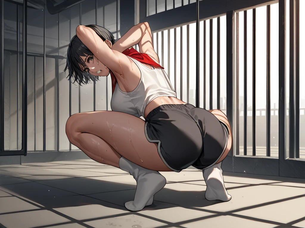 score_9, score_8_up, score_7_up, source_anime BREAK 1girl, looking back, full body, front view,
mikasaposttimeskip, black hair, short hair, brown eyes, loose hair strand, red scarf, white tank top, armpits short shorts, black shorts, midriff, gym shorts, white socks, 
large breasts, lips, puckered lips, lying, on ground, squatting, arms behind head, armpits, sweat, exercising , training, from behind, huge ass, sweat body,
indoors, prison, prison cell, concrete, dimly lit,