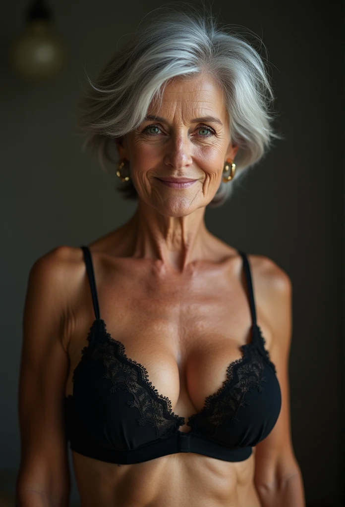 score_9, score_8_up, score_7_up, score_6_up, score_5_up, score_4_up, realistic style, photo, photorealistic, high detail, (sharp), old woman, vintage lingerie, cleavage, (plain gray background)