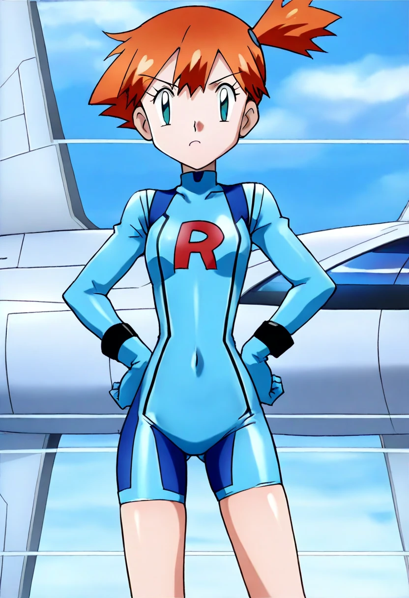 masterpiece, best quality, anime screenshot, 1girl, solo, ((short height)), misty \(pokemon\), side ponytail, anger expression, ((short torso)), (thin waist), (flat chest), (thin legs), hands on hips, cowboy shot, looking at viewer, zero suit, spacecraft interior
newest, absurdres, highres