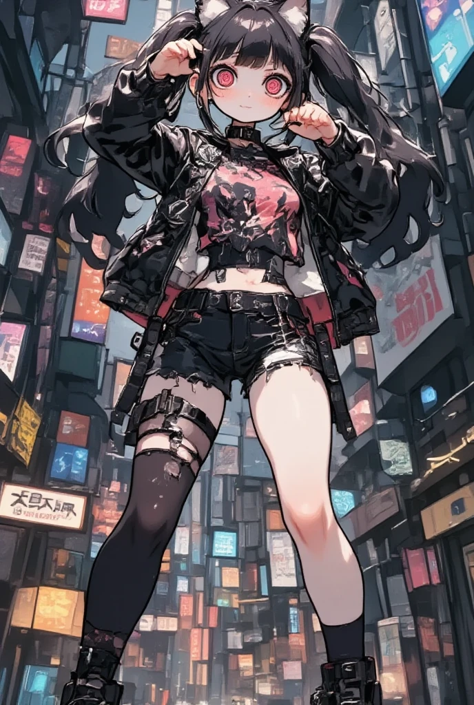  girl\( cute, Cute,  Evil Smiles , black hair, long hair,Twin tail hair,  red eyes,  short hair jacket with shining eyes , big eyes,chest, Punk Fashion, torn clothes , Tight Tube Tops,Tight hot pants,The stomach is visible, ripped black short jacket ,Fluffy black cat ears, They are doing a somersault above the city at night