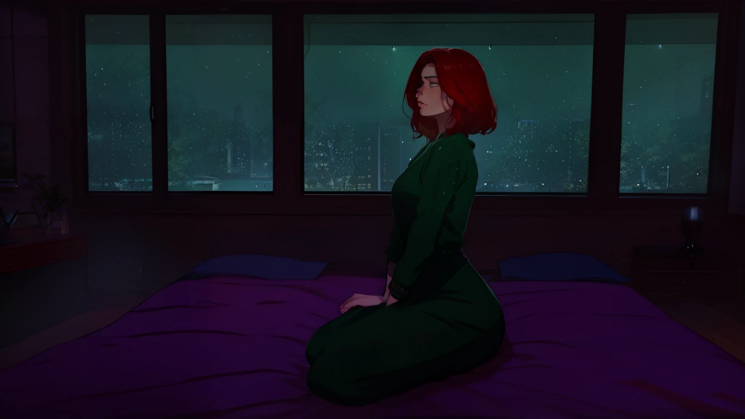 "A cozy and cinematic bedroom with a dark, rainy atmosphere. The room is illuminated by moody neon lights in shades of deep purple and soft green, casting a mysterious and calming glow on the walls. A woman with short auburn red hair sits on the edge of the bed, gazing thoughtfully out of the large glass window, where heavy rain pours down, with water droplets streaming across the glass. She is dressed in casual, comfortable clothing, reflecting the serene and introspective mood of the scene. A vintage classic TV is playing static or an old movie, adding a nostalgic touch to the room. The setting is rich with detail, blending solitude, coziness, and cinematic ambiance."
