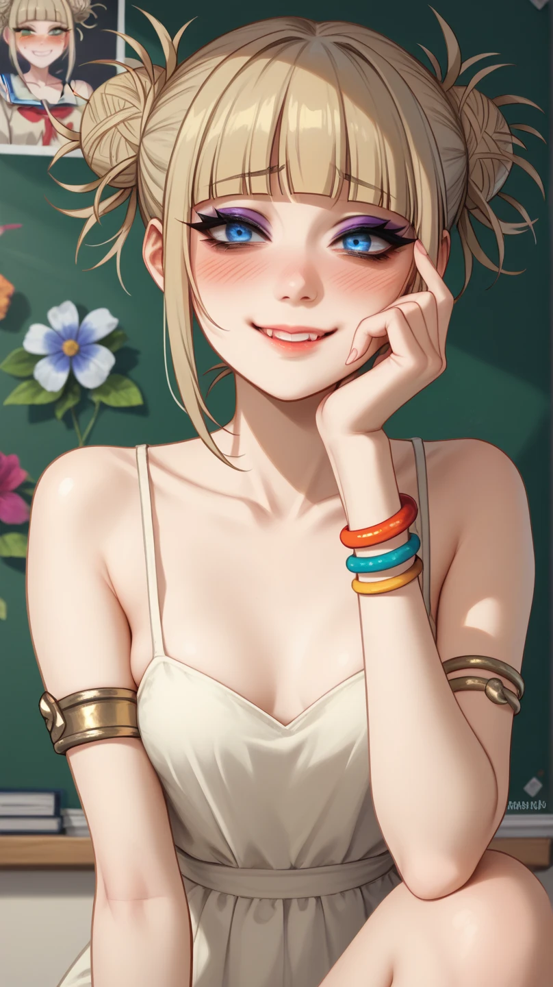 1woman, pretty face, gorgeous blue eyes, braided mid-length hair, buns, shy, Himiko Toga, loose colorful sleeveless lowcut sweetheart dress, shoulders out, arms out, sexy thighs out, shy blushing, shy bodylanguage, blonde adult, 30-years old woman, humble shy smile, shy expression, has a crush on you, small breasts, golden bracelets, cute naked feet, sleek golden armlets, pale matte lipstick, matte smoky dark purple eyeshadow, black eyeliner, eyelashes, delicate body, delicate frame, perfect skin, perfect complexion, matte make-up, colorful vibrant classroom background, flowers, posters, photos on wall, (from below:0.3)