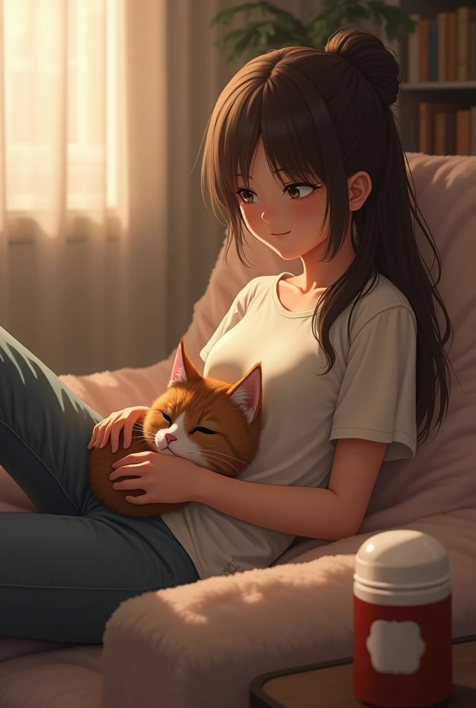Sexy woman and cat sitting comfortably on sofa, Wide-angle lens, Lofi Anime, Lofi illustration, Aesthetic atmosphere, Lo-Fi Style, Vector art, Flat Design, Simple shape, Warm tones, Pleasant atmosphere, Chill, In anime style, Digital drawing, Vector art, Vector logo for t-shirt printing, (Adorable:1.5), (small:1.4), (Playful:1.2), (soft:1.3), (Whimsical:1.1), masterpiece, Highest quality, 8K, Intricate details, grow, Celestial, Mysterious, Picturesque, amazing, Majestic, Magic, Fantasy art, Cover art, dream-like