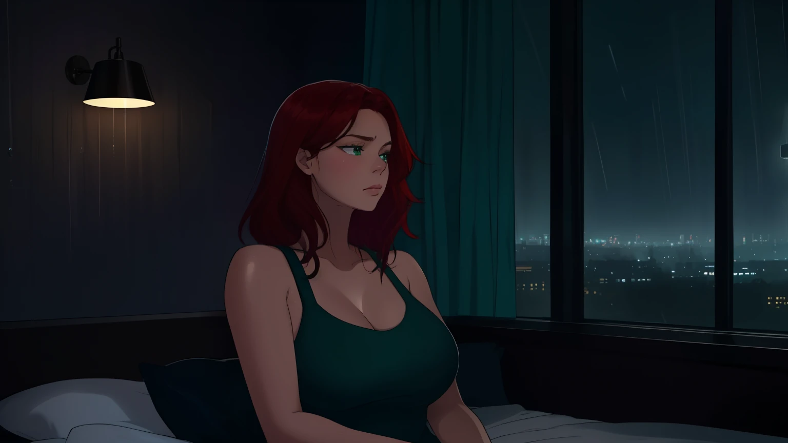 "A cozy and cinematic bedroom with a dark, rainy atmosphere. The room is illuminated by moody neon lights in shades of deep purple and soft green, casting a mysterious and calming glow on the walls. A woman with short auburn red hair sits on the edge of the bed, gazing thoughtfully out of the large glass window, where heavy rain pours down, with water droplets streaming across the glass. She is dressed in casual, comfortable clothing, reflecting the serene and introspective mood of the scene. A vintage classic TV is playing static or an old movie, adding a nostalgic touch to the room. The setting is rich with detail, blending solitude, coziness, and cinematic ambiance."
