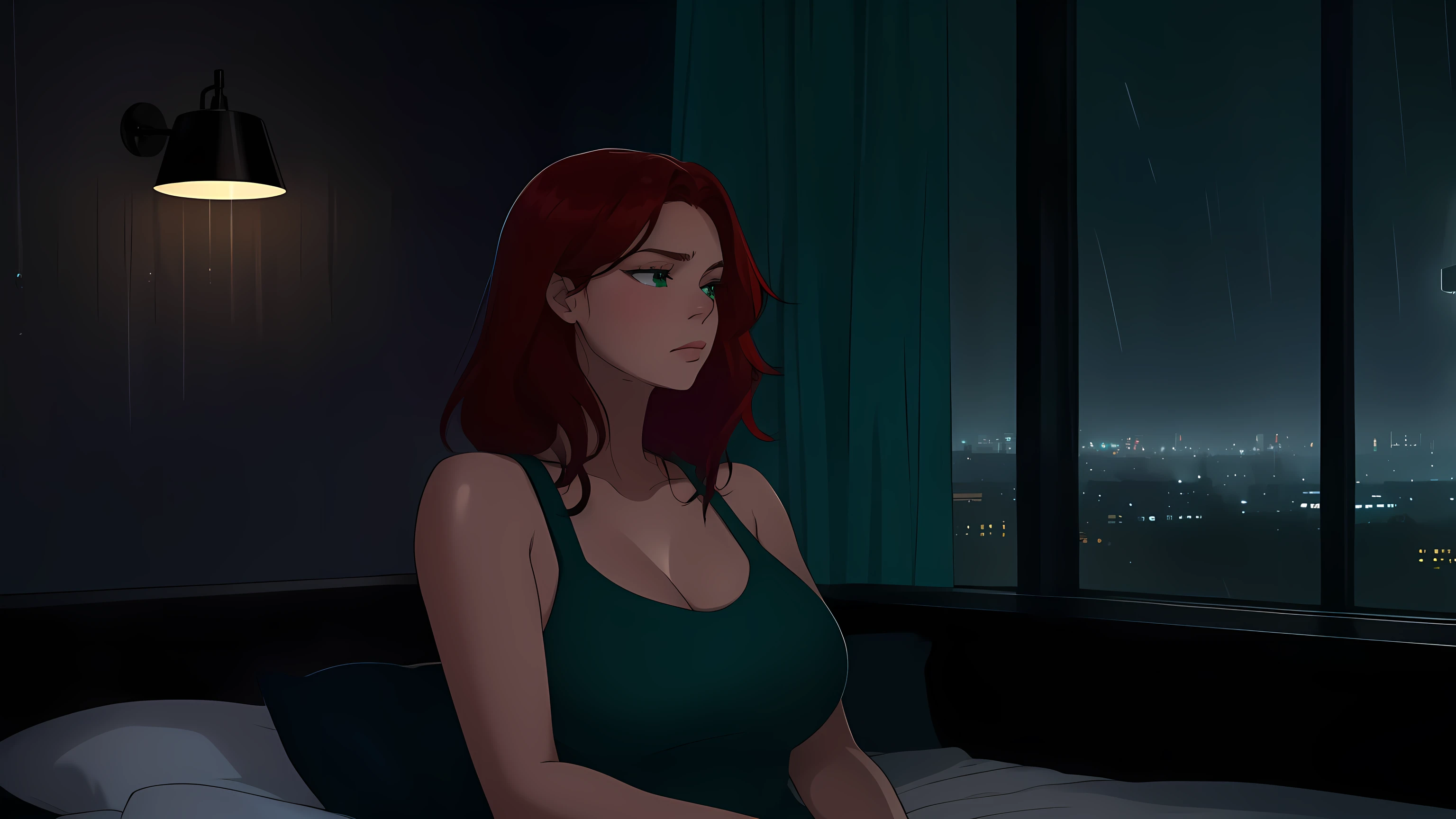 "A cozy and cinematic bedroom with a dark, rainy atmosphere. The room is illuminated by moody neon lights in shades of deep purple and soft green, casting a mysterious and calming glow on the walls. A woman with short auburn red hair sits on the edge of the bed, gazing thoughtfully out of the large glass window, where heavy rain pours down, with water droplets streaming across the glass. She is dressed in casual, comfortable clothing, reflecting the serene and introspective mood of the scene. A vintage classic TV is playing static or an old movie, adding a nostalgic touch to the room. The setting is rich with detail, blending solitude, coziness, and cinematic ambiance."
