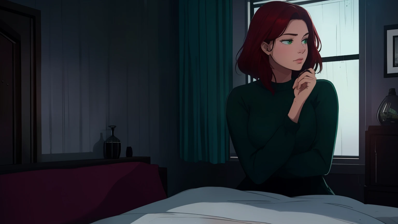 "A cozy and cinematic bedroom with a dark, rainy atmosphere. The room is illuminated by moody neon lights in shades of deep purple and soft green, casting a mysterious and calming glow on the walls. A woman with short auburn red hair sits on the edge of the bed, gazing thoughtfully out of the large glass window, where heavy rain pours down, with water droplets streaming across the glass. She is dressed in casual, comfortable clothing, reflecting the serene and introspective mood of the scene. A vintage classic TV is playing static or an old movie, adding a nostalgic touch to the room. The setting is rich with detail, blending solitude, coziness, and cinematic ambiance."
