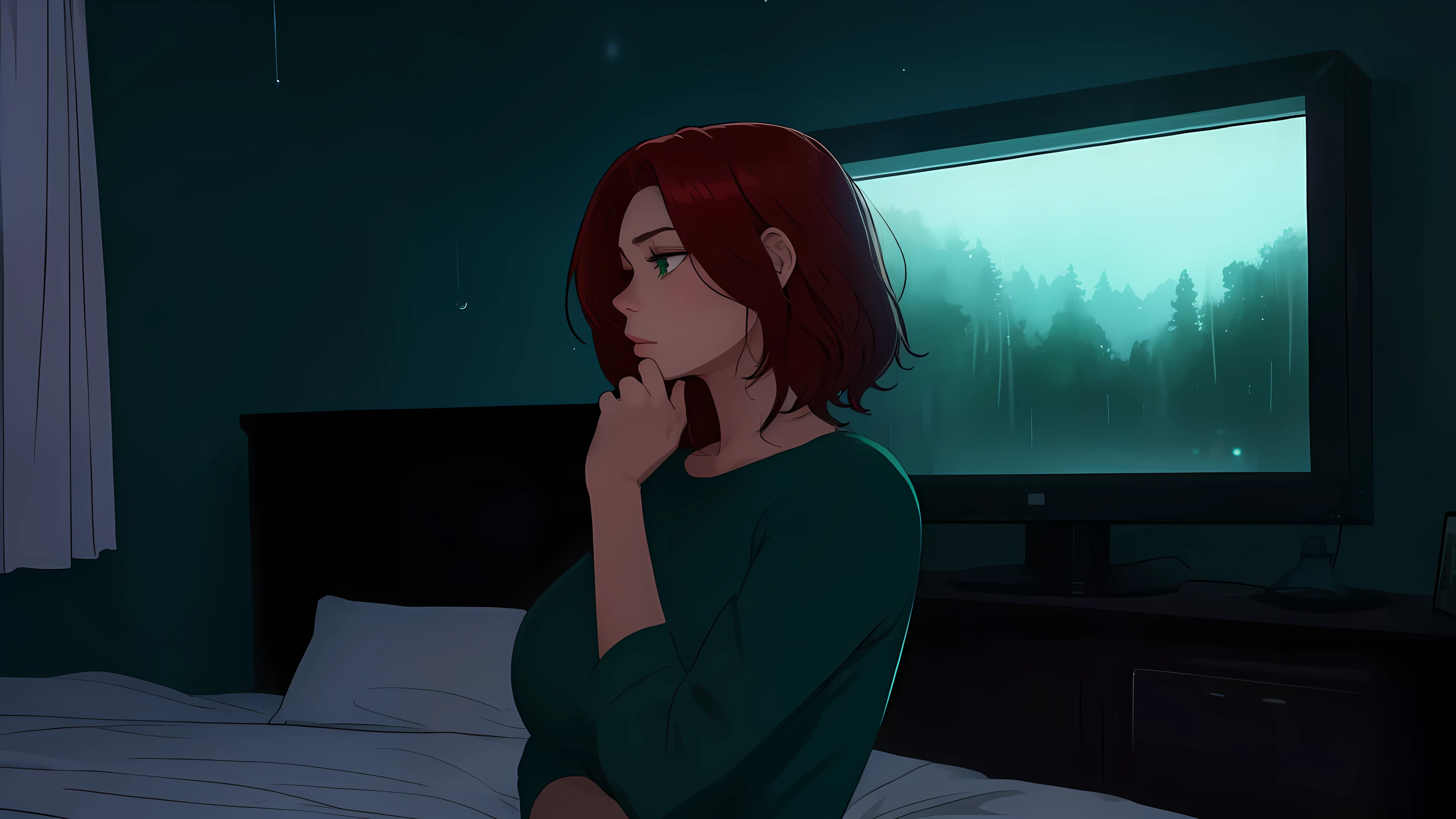 "A cozy and cinematic bedroom with a dark, rainy atmosphere. The room is illuminated by moody neon lights in shades of deep purple and soft green, casting a mysterious and calming glow on the walls. A woman with short auburn red hair sits on the edge of the bed, gazing thoughtfully out of the large glass window, where heavy rain pours down, with water droplets streaming across the glass. She is dressed in casual, comfortable clothing, reflecting the serene and introspective mood of the scene. A vintage classic TV is playing static or an old movie, adding a nostalgic touch to the room. The setting is rich with detail, blending solitude, coziness, and cinematic ambiance."
