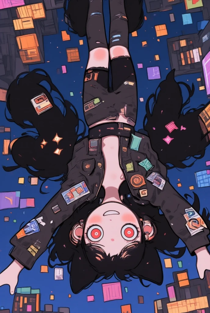  girl\( cute, Cute,  Evil Smiles , black hair, long hair,Twin tail hair,  red eyes,  short hair jacket with shining eyes , big eyes,chest, Punk Fashion, torn clothes , Tight Tube Tops,Tight hot pants,The stomach is visible, ripped black short jacket ,Fluffy black cat ears, It's upside down in the sky above the city at night,  spreading limbs,  dynamic pose :1.3