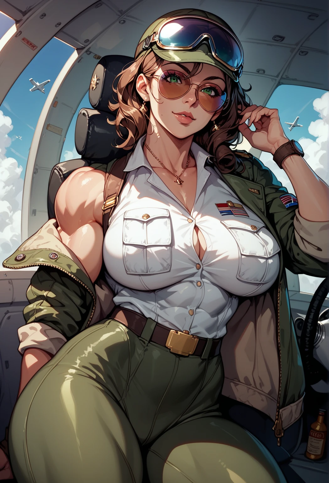 _ anime style ,1 women,  long brown hair ,  white skin , Muscular, aviator suit ,  very large breasts ,  big thighs,  green eyes ,airplane jet  , warm, corpo de milf, freckles,  Sensual Pose, sexy, imposing,  seductive expression , aviator sunglasses, neckline, sorrizo, military pants, closed jacket,  aviator helmet