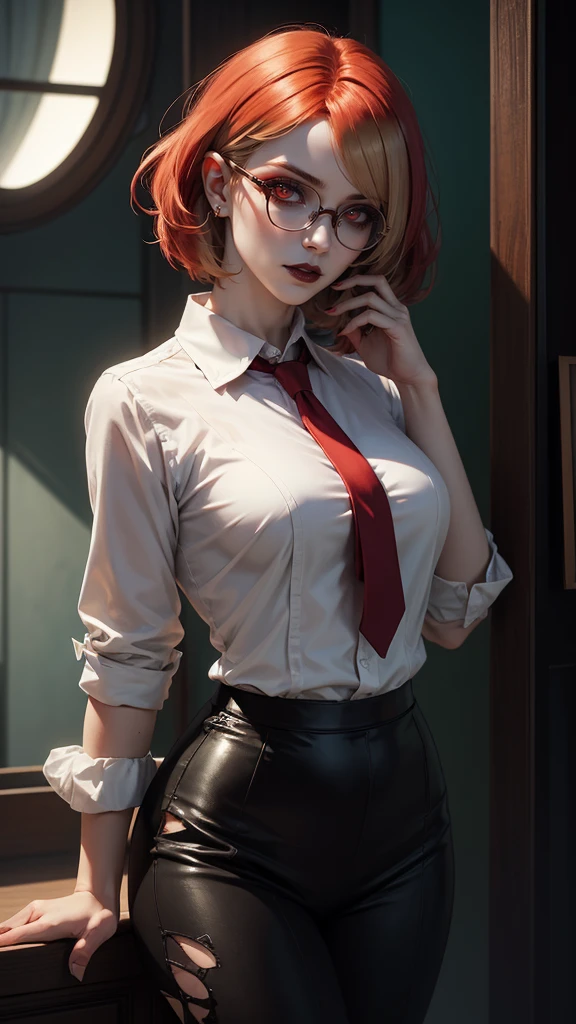 imagem de perfil, young businesswoman with short wavy natural orange hair that reaches her shoulders, rectangular wine-colored glasses and nose ring piercing. Rosto jovial, nem fino e nem redondo, Intermediary. Postura profissional, mas ainda jovial e fofa. Imagem mais cartoon