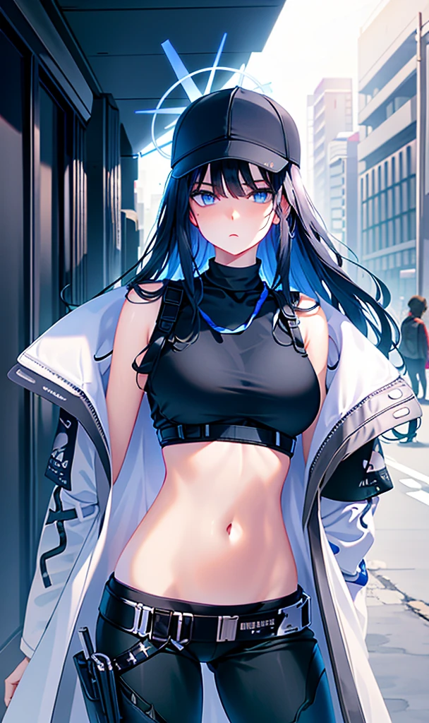 saori, {best quality}, {masterpiece}, detailed, (illustration), 1girl, solo, long hair, navel, breasts, hat, blue eyes, pants, baseball cap, black headwear, black gloves, stomach, crop top, sleeveless, halo, large breasts, black shirt, black mask, black pants, black hair, cowboy shot, bangs, looking at viewer, sleeveless shirt, blue hair, holster, bare shoulders, standing, white background, underbust, expressionless, street, long navel, nice navel, ribs, coat, white coat, open clothes, open coat