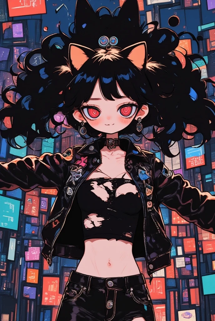  girl\( cute, Cute,  Evil Smiles , black hair, long hair,Twin tail hair,  red eyes,  short hair jacket with shining eyes , big eyes,chest, Punk Fashion, torn clothes , Tight Tube Tops,Tight hot pants,The stomach is visible, ripped black short jacket ,Fluffy black cat ears, It's upside down in the sky above the city at night,  spreading limbs,  dynamic pose :1.3