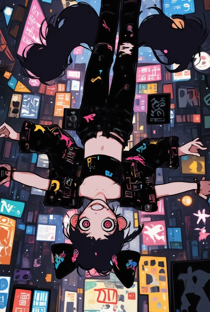  girl\( cute, Cute,  Evil Smiles , black hair, long hair,Twin tail hair,  red eyes,  short hair jacket with shining eyes , big eyes,chest, Punk Fashion, torn clothes , Tight Tube Tops,Tight hot pants,The stomach is visible, ripped black short jacket ,Fluffy black cat ears, It's upside down in the sky above the city at night,  spreading limbs,  dynamic pose :1.3