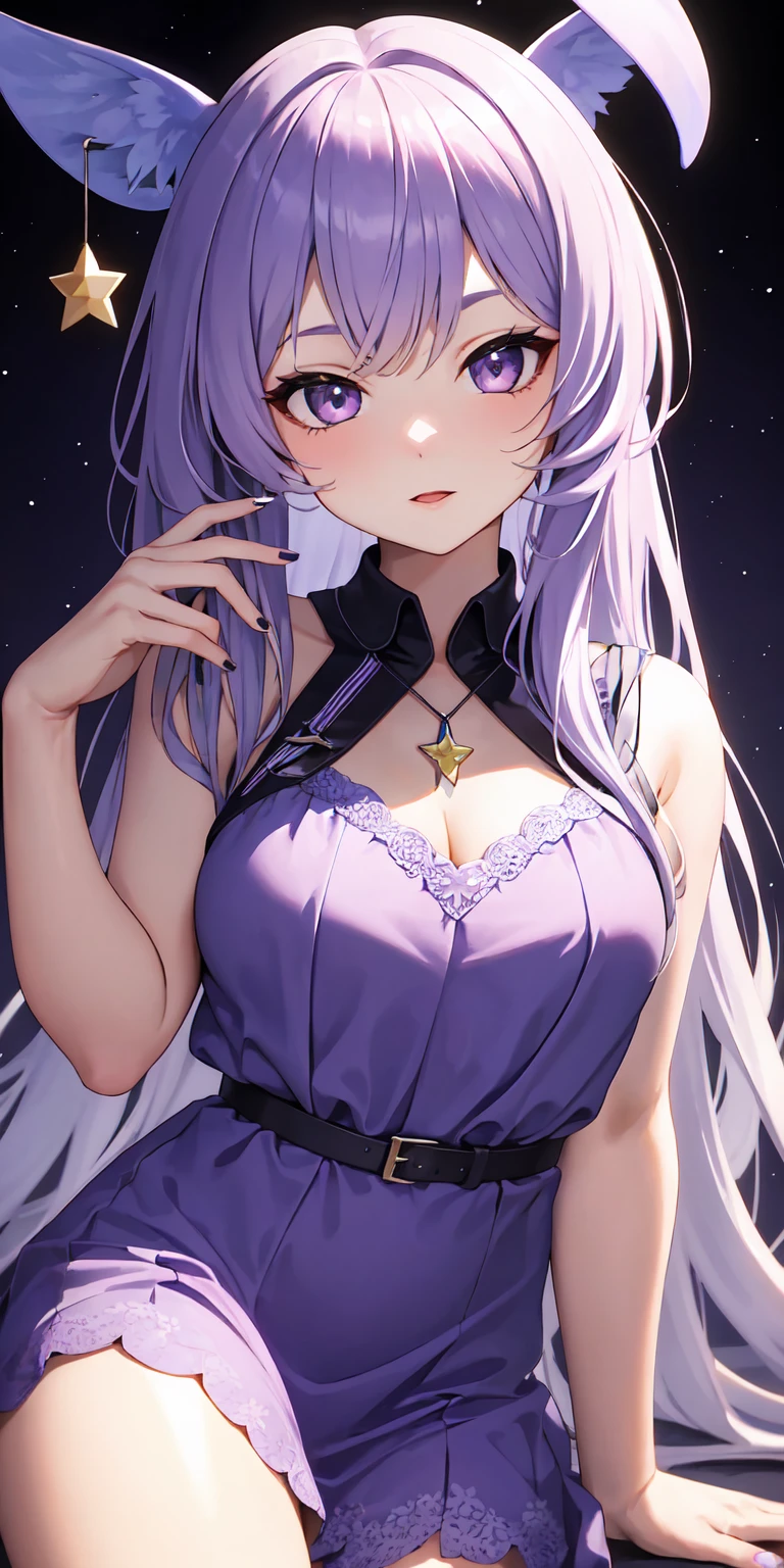 1girl, (masterpiece), best quality, expressive eyes, perfect face, (violet and yellow eyes), heterochromia, (purple galactic thighhighs), purple galactic print dress, lying in a bed, (wearing purple galactic print dress), jewelry, solo, white hair, silver colored inner hair, long hair, small breasts, detached, choker, blush, galaxy background
