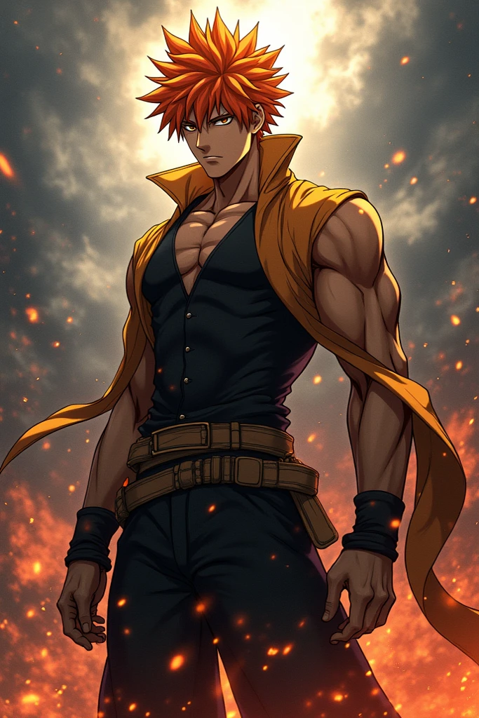 live action, realistic, natsu dragneel, muscular, manly, tanned, brown skin, dark-skinned, messy spiky hair, salmon-pink hair, open black vest with gold trimmings, white linen arabian jodphurs, irises colored jade, downturned inner corner of the eyes, sharp draconic-like face features, elemental mage, fire, water, air, earth, metal, crystal, lighting, darkness, light