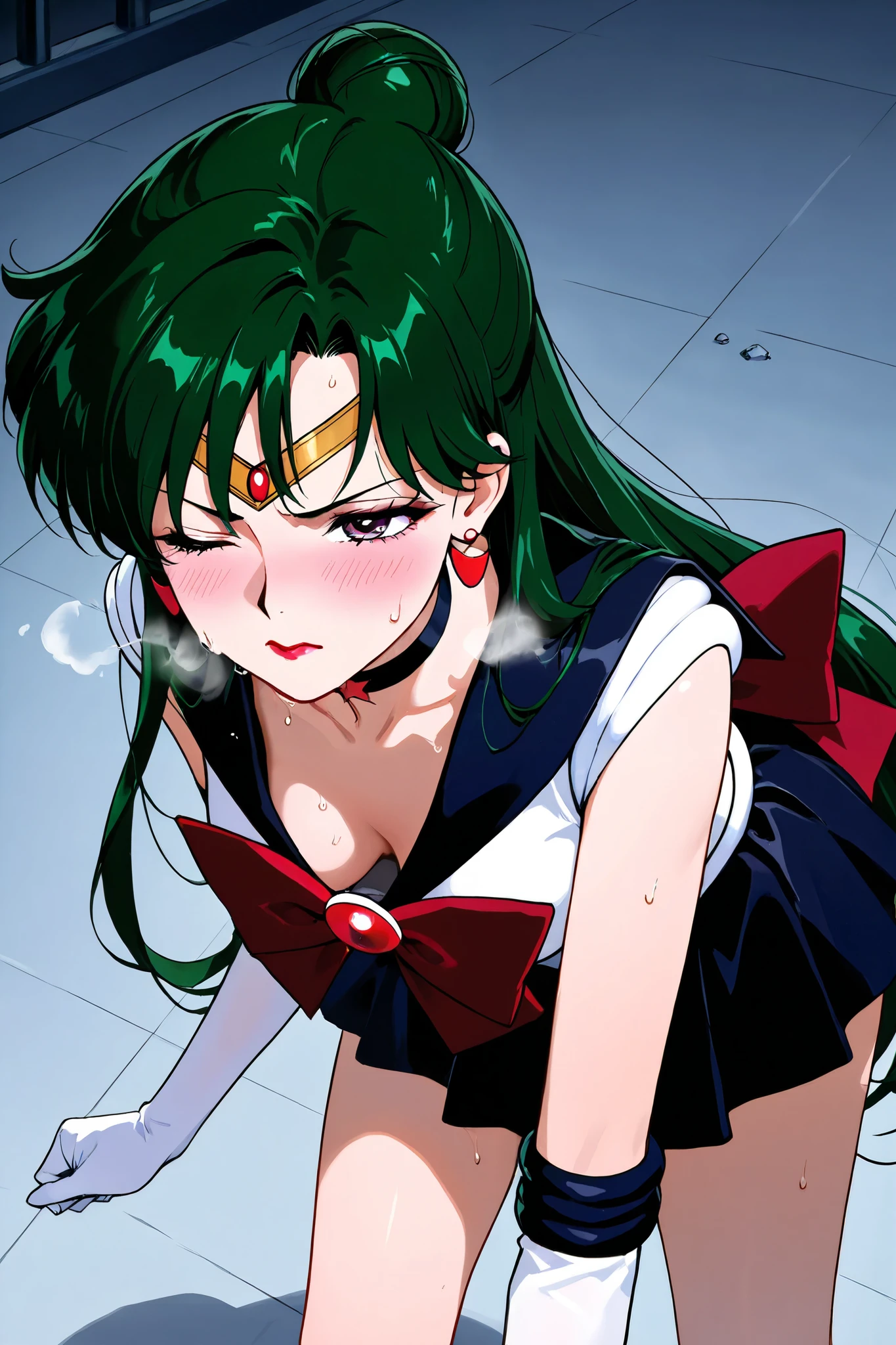 Sailor Pluto is struggling in battle, gasping in pain and exhausted., bending forward and suffering、downblouse、 adult woman、hand,,fight、 Active Angles 、 dynamic composition 、Sailor Pluto XL,sailor senshi uniform,lipstick,carmine eyes,hair bun,single hair bun,gloves,choker,skirt,long hair,dark green hair,elbow gloves,white gloves,jewelry,earrings,black choker,tiara,bow,black skirt,Bare legs,、stable_Yogis_Animetoon_Negatives、wince、sweat、anxiety、Bad mood、blush、serious、 shortness of breath、