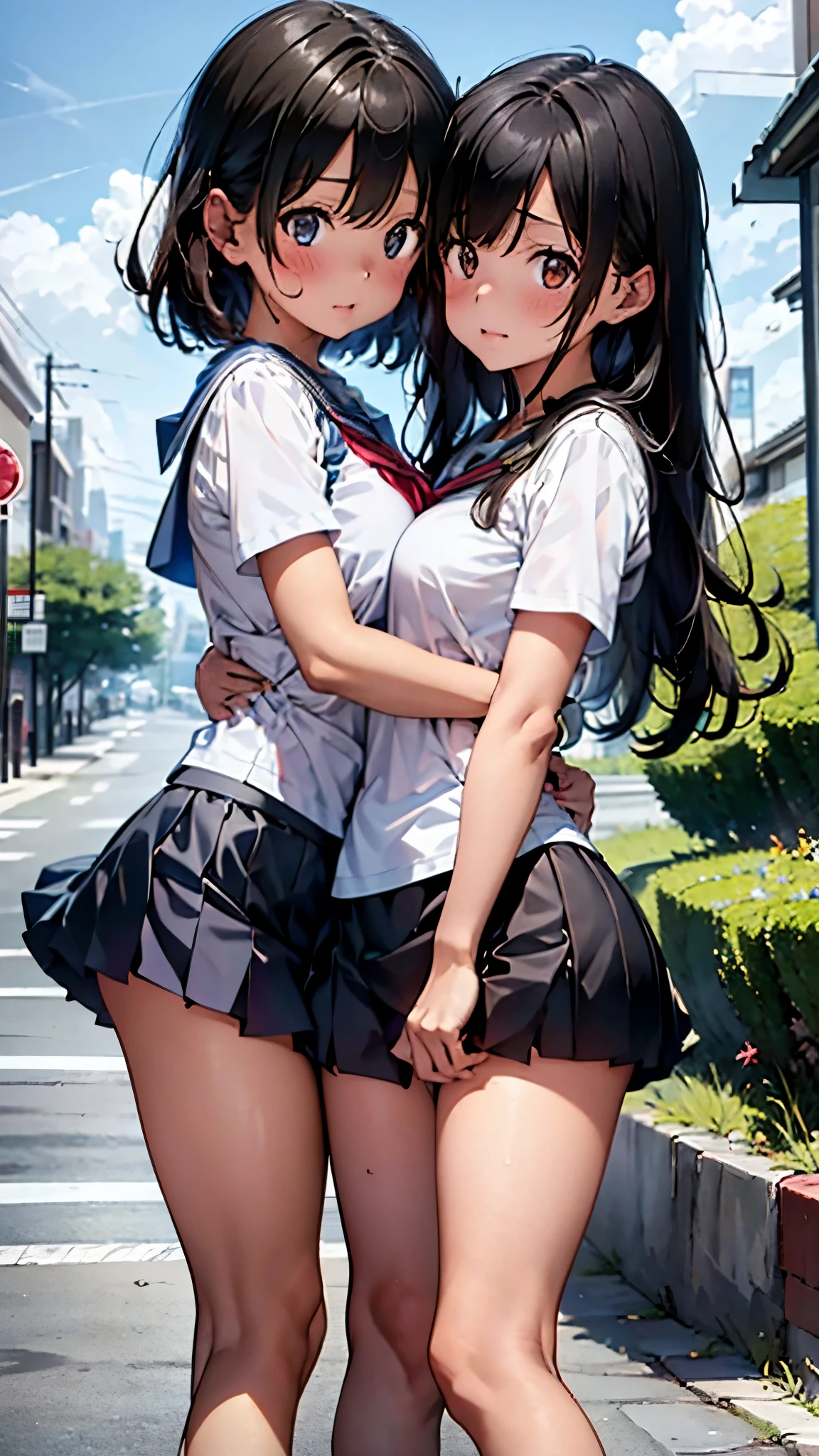  two girls 、 the whole body is reflected around the body 、Girls hugging each other、 best smile 、 long haired school girl、Big Breasts、 no bra、plain short sleeve shirt、The miniskirt rolls up in the wind and white panties are visible、bare feet and leather shoes 、Rice paddies to the tip of the horizon 、Cumulonimbus and blue sky