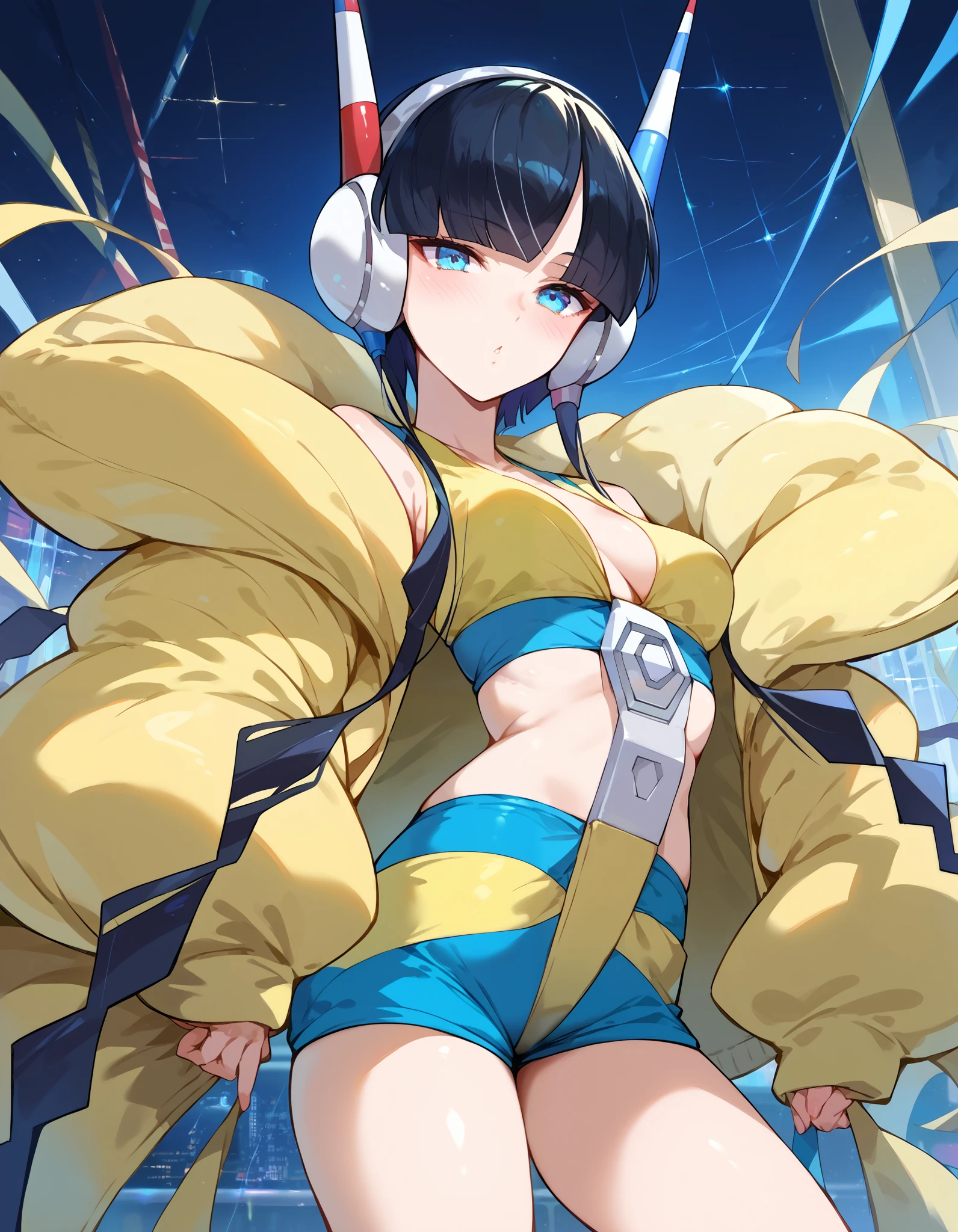 Top Quality Masterpiece, High Resolution, Elesa, Black Hair, Blue Eyes, Headphones, Yellow Jacket, Puff Jacket, Cropped Tops, Yellow and Blue Shorts, Beautiful Breasts, Slender Beautiful Breasts, Beautiful Girl, Blushing Love, Melo Melo Dele