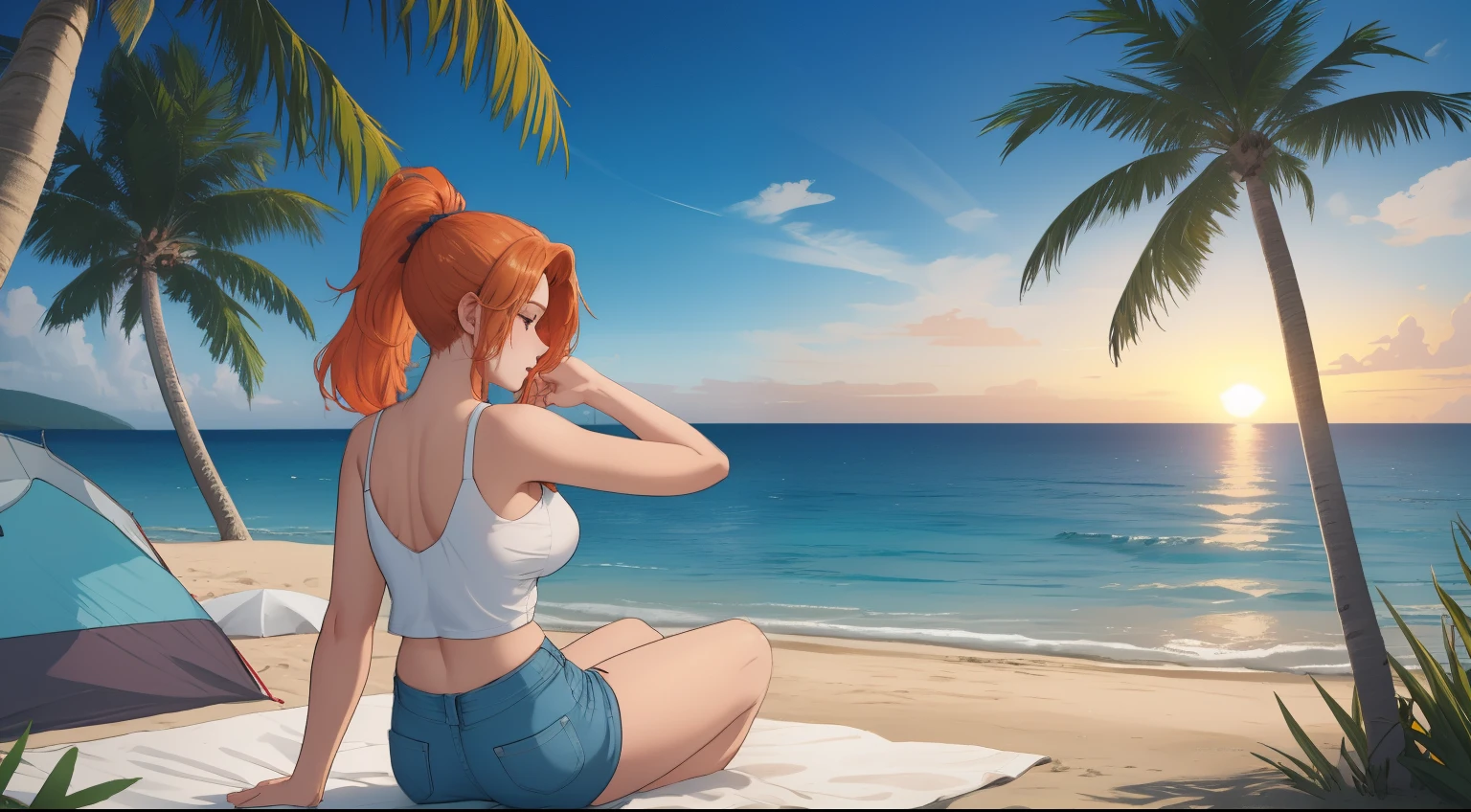 "A serene beach camping scene set against the backdrop of soft, white sand and a sparkling blue ocean. Gentle waves lap at the shore, their rhythmic motion harmonizing with the tranquil atmosphere. A woman with blonde-red hair tied in a sleek ponytail sits near a glowing modern campfire, its warmth contrasting with the cool ocean breeze. She wears a simple white tank top and denim shorts, embodying a relaxed and carefree vibe. Around her, minimalist camping gear is neatly arranged, and an open tent frames the stunning seaside view. In the background, tall palm trees sway gently, while the golden sunlight reflects off the water, casting a magical glow over the scene. This idyllic setting captures the perfect balance between adventure and the calming embrace of nature on a pristine beach."
