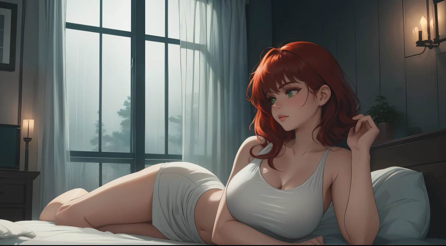 "A cozy and cinematic bedroom with a dark, rainy atmosphere. The room is illuminated by moody neon lights in shades of deep purple and soft green, casting a mysterious and calming glow on the walls. A woman with short auburn red hair is lying on the bed in a prone position, her body relaxed and her head turned slightly to the side as she gazes softly at the large glass window. Outside, heavy rain pours down, with water droplets streaming down the glass. She is dressed in casual, comfortable clothing, blending perfectly with the serene and introspective mood of the scene. A vintage classic TV is playing static or an old movie, adding a nostalgic touch to the dimly lit room. The setting is rich with detail, evoking a sense of solitude, tranquility, and cinematic ambiance."



