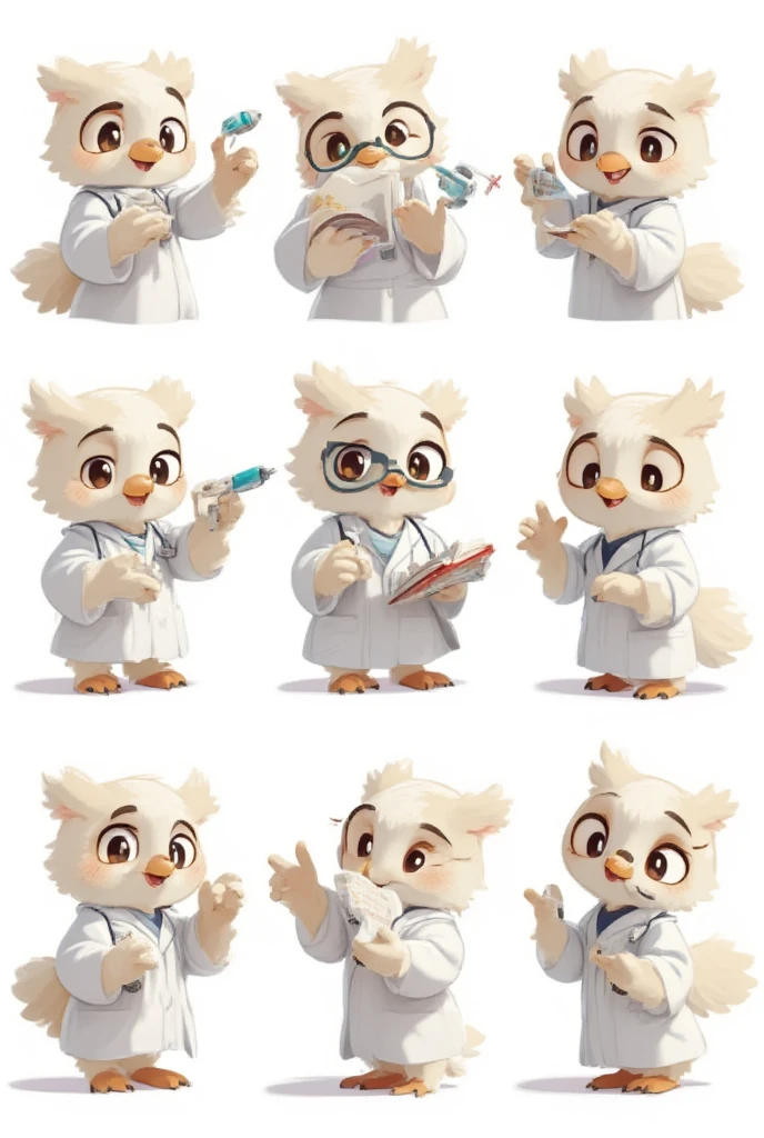 an anthropomorphic light-colored owl anesthesiologist named Som, maintaining its signature wise and professional personality. Som has soft feathers, expressive eyes, and small glasses perched on its beak, wearing a white lab coat and a stethoscope. The character is shown performing eight different actions, all while looking directly at the camera: Holding a syringe with a confident smile, preparing for a procedure. Gesturing reassuringly with one wing, as if calming a patient. Sitting at a desk, writing notes on a clipboard with focus. Holding an oxygen mask, demonstrating its use with a gentle expression. Giving a thumbs-up gesture with a cheerful and encouraging look. Pointing at a medical chart with a teaching demeanor. Holding a coffee mug, taking a break with a relaxed expression. Standing with wings crossed, exuding calm confidence and professionalism. The background is pure white, ensuring the character is the main focus.