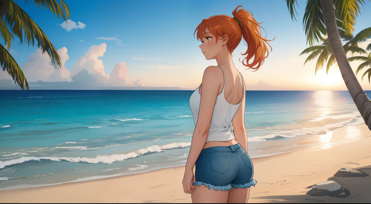 "A serene beach camping scene set against the backdrop of soft, white sand and a sparkling blue ocean. Gentle waves lap at the shore, their rhythmic motion harmonizing with the tranquil atmosphere. A woman with blonde-red hair tied in a sleek ponytail sits near a glowing modern campfire, its warmth contrasting with the cool ocean breeze. She wears a simple white tank top and denim shorts, embodying a relaxed and carefree vibe. Around her, minimalist camping gear is neatly arranged, and an open tent frames the stunning seaside view. In the background, tall palm trees sway gently, while the golden sunlight reflects off the water, casting a magical glow over the scene. This idyllic setting captures the perfect balance between adventure and the calming embrace of nature on a pristine beach."
