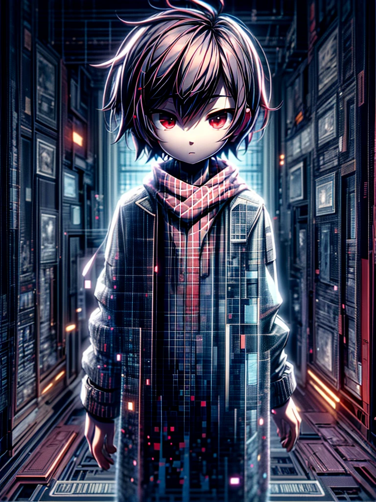 Detailed 8k cute theme , Boy in the scarf , Short hair disheveled plate and red eyes wearing black overcoat