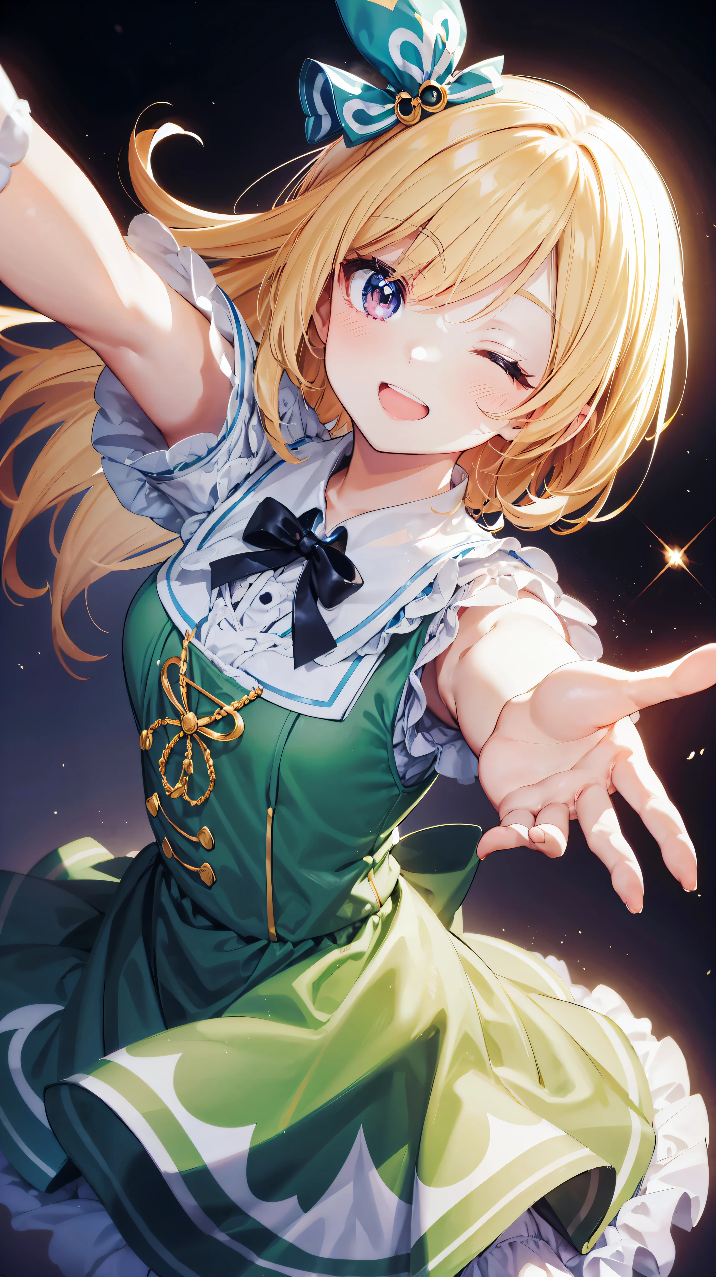 Chiemseer Dirndl Tracht, KAWAII, (happy smile, one eye closed), open mouth, looking at viewer, from above, ((perfect hand)), (((reaching hand))), 