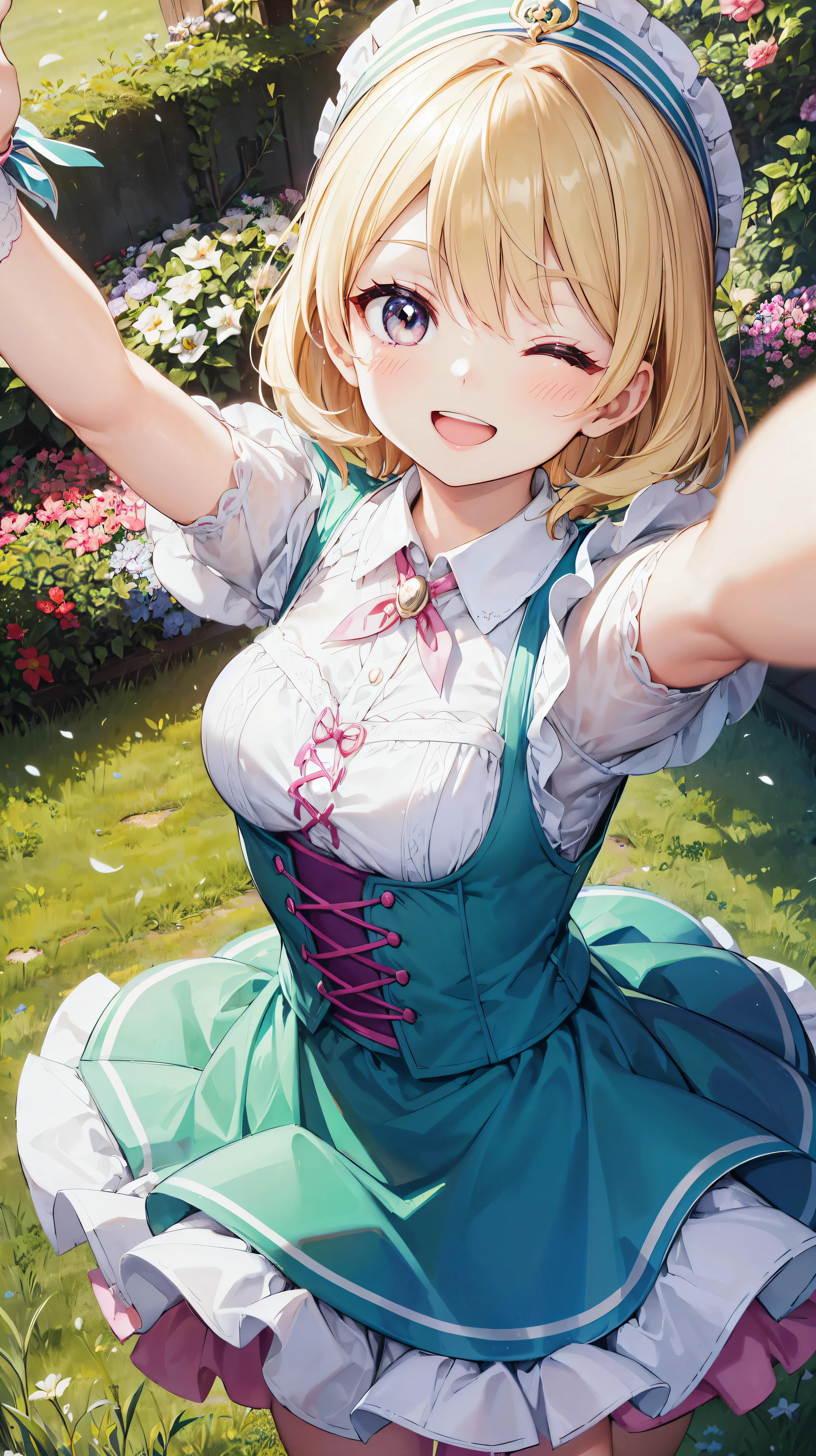 Chiemseer Dirndl Tracht, KAWAII, (happy smile, one eye closed), open mouth, looking at viewer, from above, (((perfect anatomy))), (((perfect hand))), ((reaching arm)), garden,