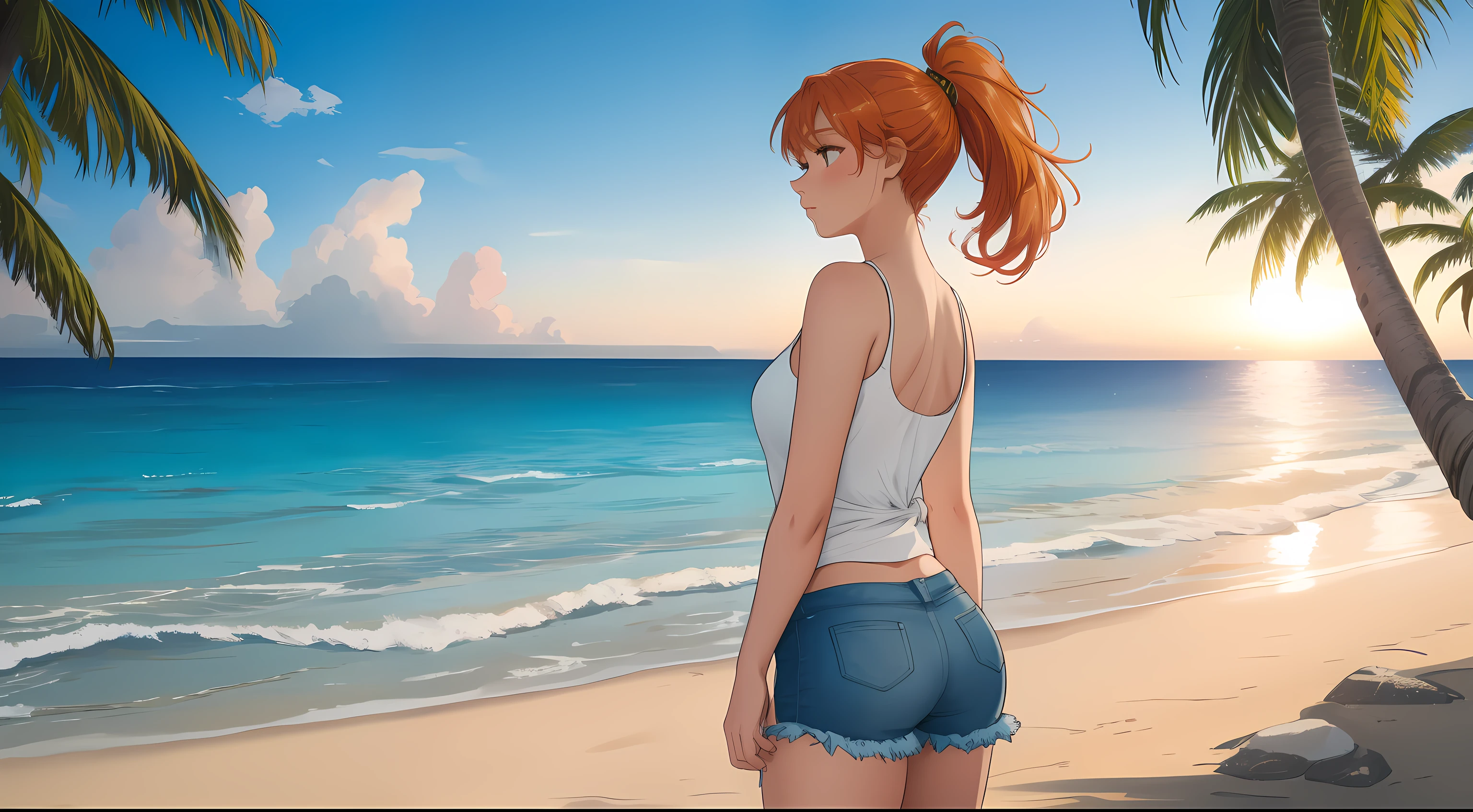 "A serene beach camping scene set against the backdrop of soft, white sand and a sparkling blue ocean. Gentle waves lap at the shore, their rhythmic motion harmonizing with the tranquil atmosphere. A woman with blonde-red hair tied in a sleek ponytail sits near a glowing modern campfire, its warmth contrasting with the cool ocean breeze. She wears a simple white tank top and denim shorts, embodying a relaxed and carefree vibe. Around her, minimalist camping gear is neatly arranged, and an open tent frames the stunning seaside view. In the background, tall palm trees sway gently, while the golden sunlight reflects off the water, casting a magical glow over the scene. This idyllic setting captures the perfect balance between adventure and the calming embrace of nature on a pristine beach."
