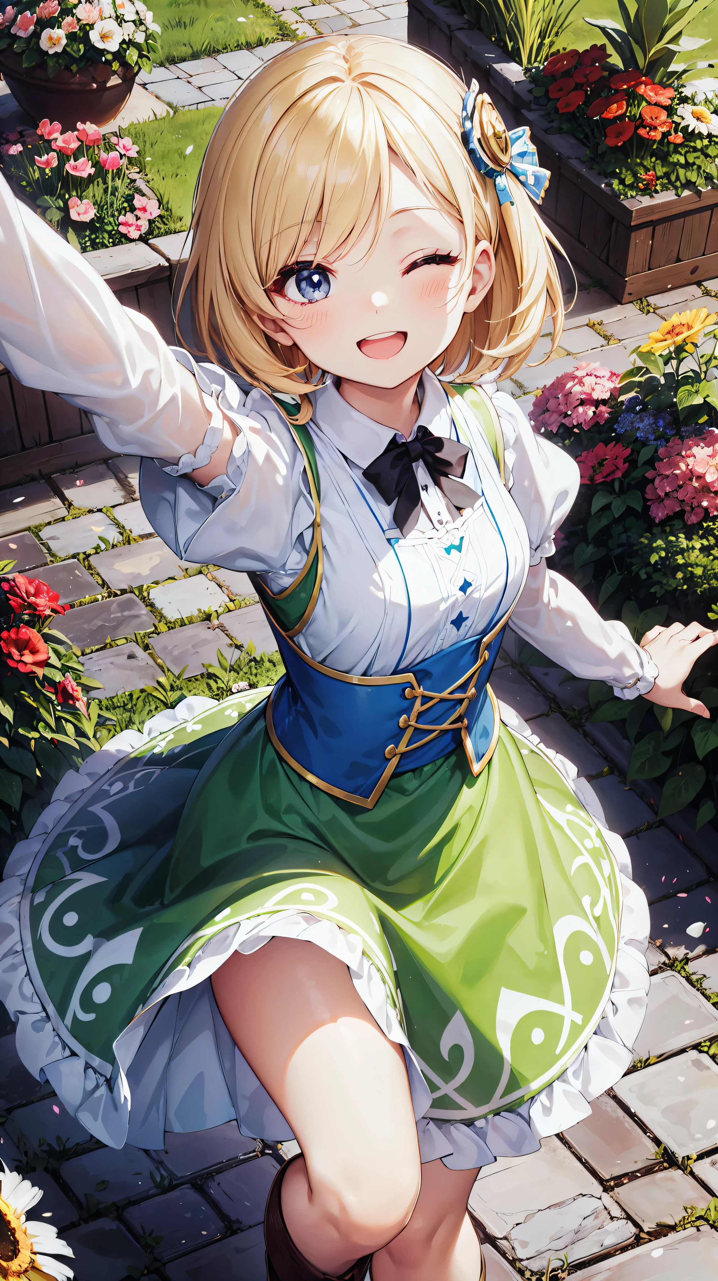 Chiemseer Dirndl Tracht, KAWAII, (happy smile, one eye closed), open mouth, looking at viewer, from above, (((perfect anatomy))), (((perfect hand))), ((reaching arm)), garden,