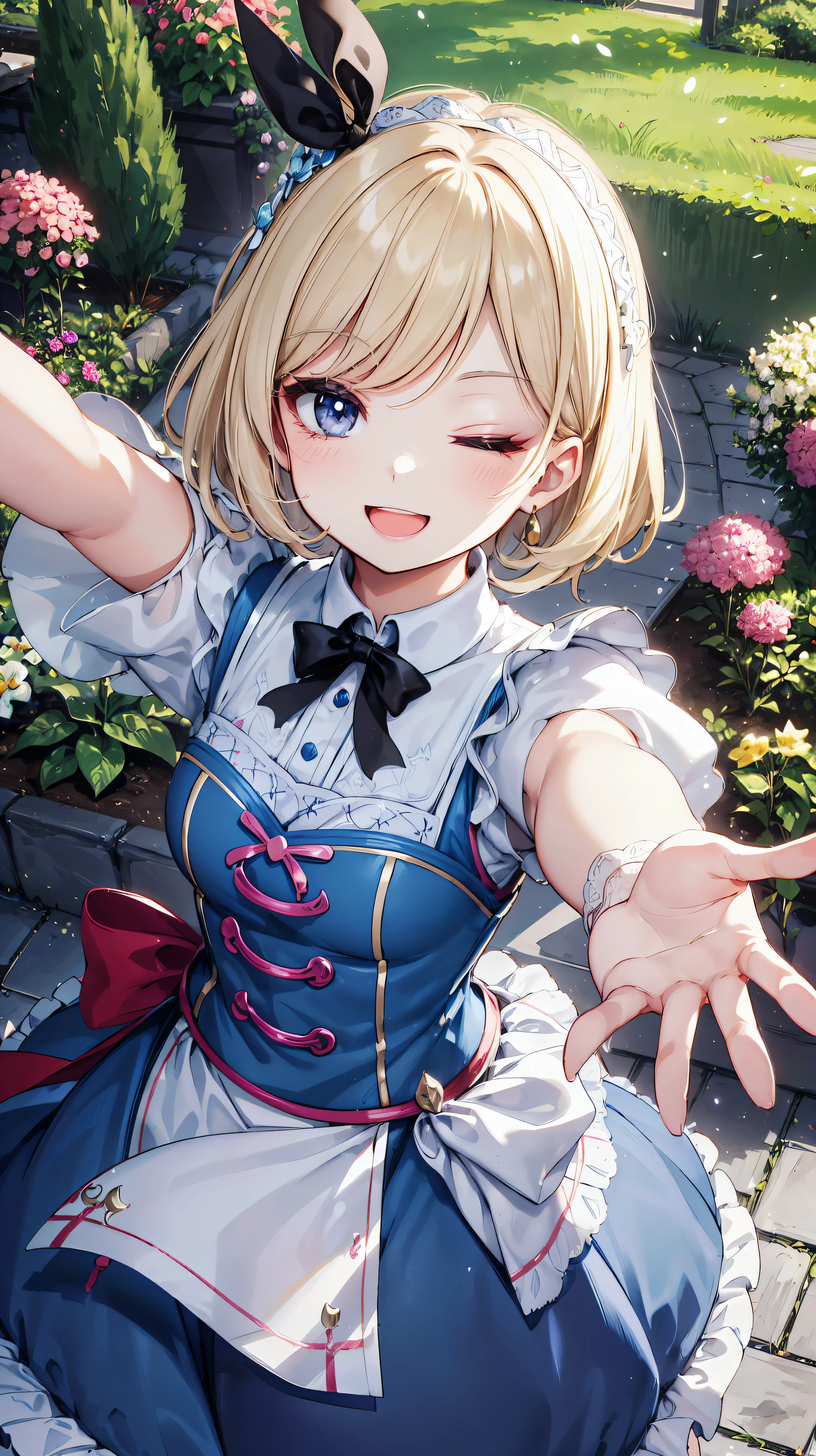 Chiemseer Dirndl Tracht, KAWAII, (happy smile, one eye closed), open mouth, looking at viewer, from above, (((perfect anatomy))), (((perfect hand))), ((reaching hand)), garden,