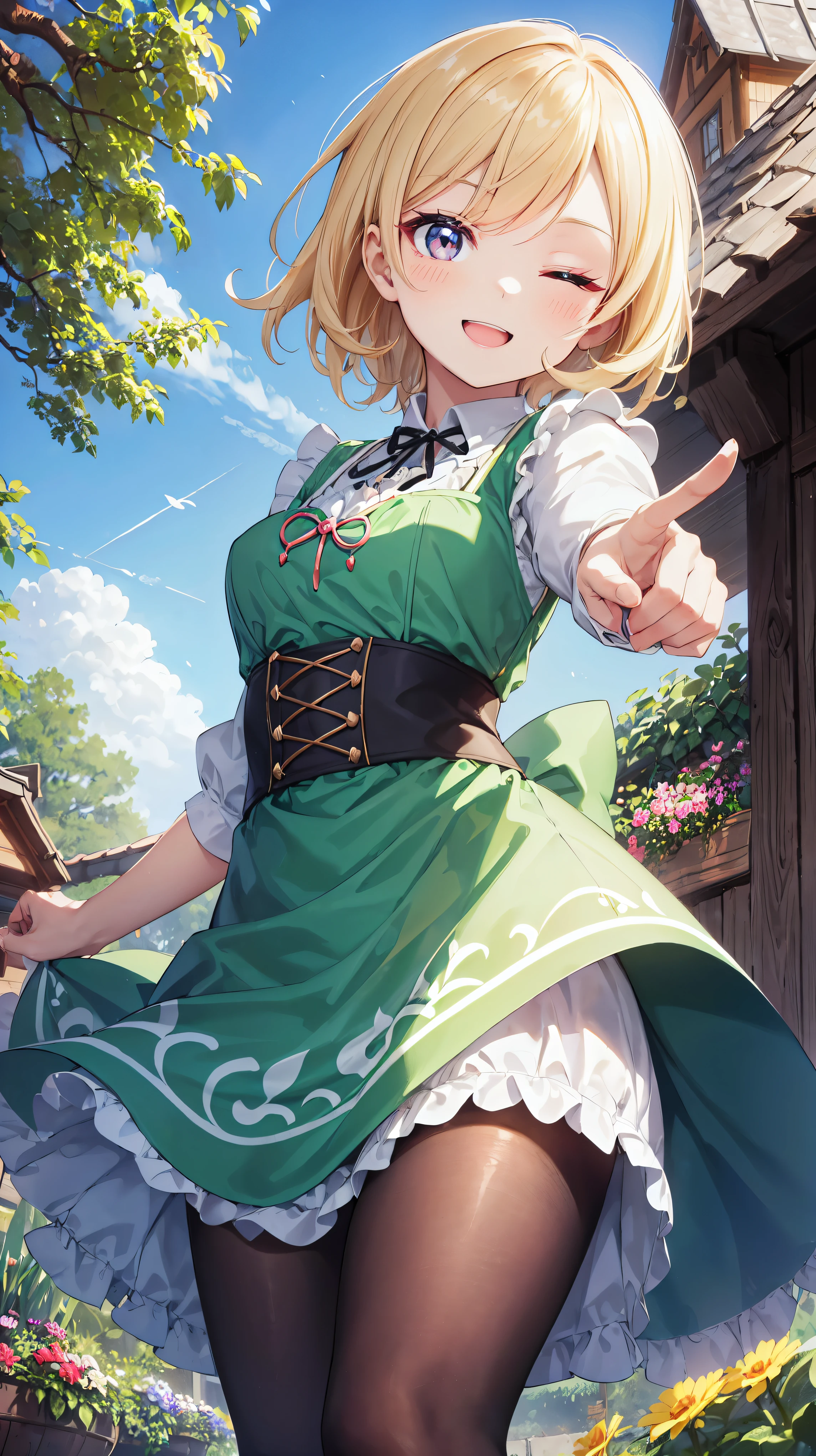 Chiemseer Dirndl Tracht, KAWAII, (happy smile, one eye closed), open mouth, looking at viewer, from below, (((perfect anatomy))), (((five fingers))), ((reaching hand)), garden,