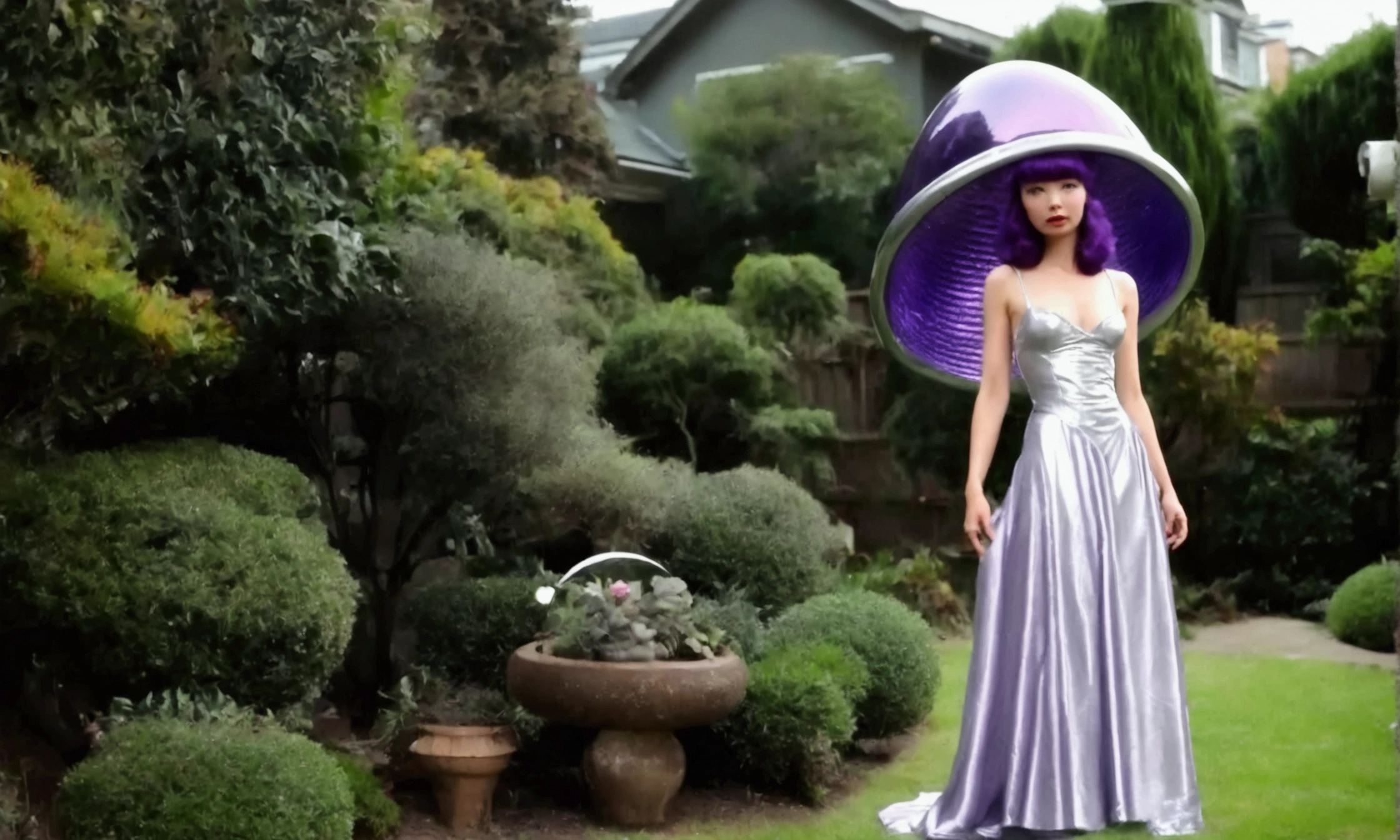 A cute woman (role of Purple alien princess of Venus, sheer silk silver gown, no underwear) is departing her 1950s style UFO to approach a surprised man on earth. 'Venus needs men', Tokyo back yard
