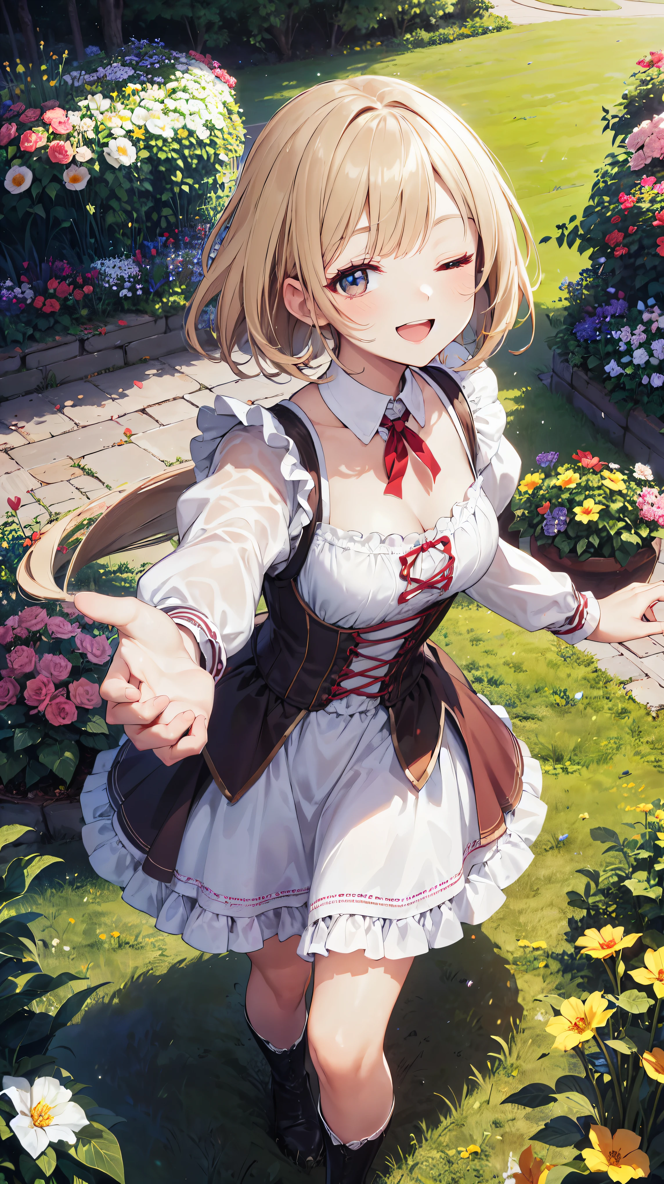 Chiemseer Dirndl Tracht, KAWAII, (happy smile, one eye closed), open mouth, looking at viewer, from above, (((perfect anatomy))), (((five fingers))), ((reaching hand)), garden,