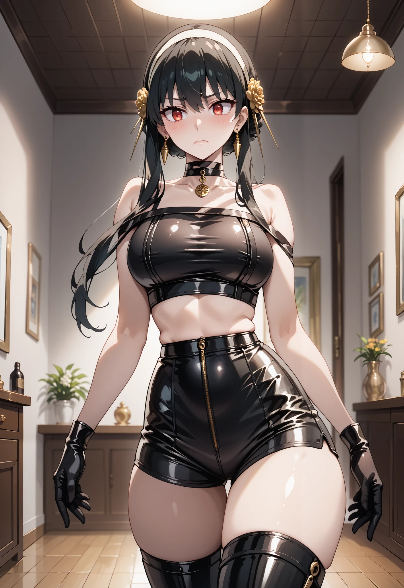 score_9, score_8_up, score_7_up, source_anime, 4K,perfect fingers,(perfect hands, perfect anatomy),
yor briar, black hair, red eyes, earrings, white hairband, hairband, long hair, sidelocks, large breasts,,
wearing ((black latex shorts, black latex thigh high boots, black latex top, bare midriff, bare thighs, black latex gloves, leather choker)),,
Disgusted face, BDSM room, looking to viewer, deep eyes , cowboy shot, 