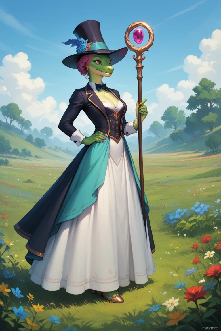 Masterpiece, best quality, high quality, 1Naga Snake anthro girl, Solo, has Orange eyes, has Green body, has medium breasts, wears Long Blue dress, Smile, walking, in the town, sunny day.