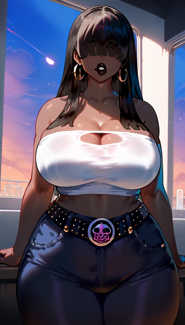 score_9, score_8_up, score_7_up, score_6_up, source_anime, BREAK 1girl goth mom, all black hair, hair over eyes, black lipstick, black dress, belt, bare shoulders, cleavage, front view, window, night sky, (tube top:1.3), dark skinned woman, black denim shorts, black pants, Attractive thighs, Attractive waist circumference, (Parted lips:1.1), (Plump lips:1.2) Perfect Anatomy, looking at viewer, (mature female, milf:1.2),