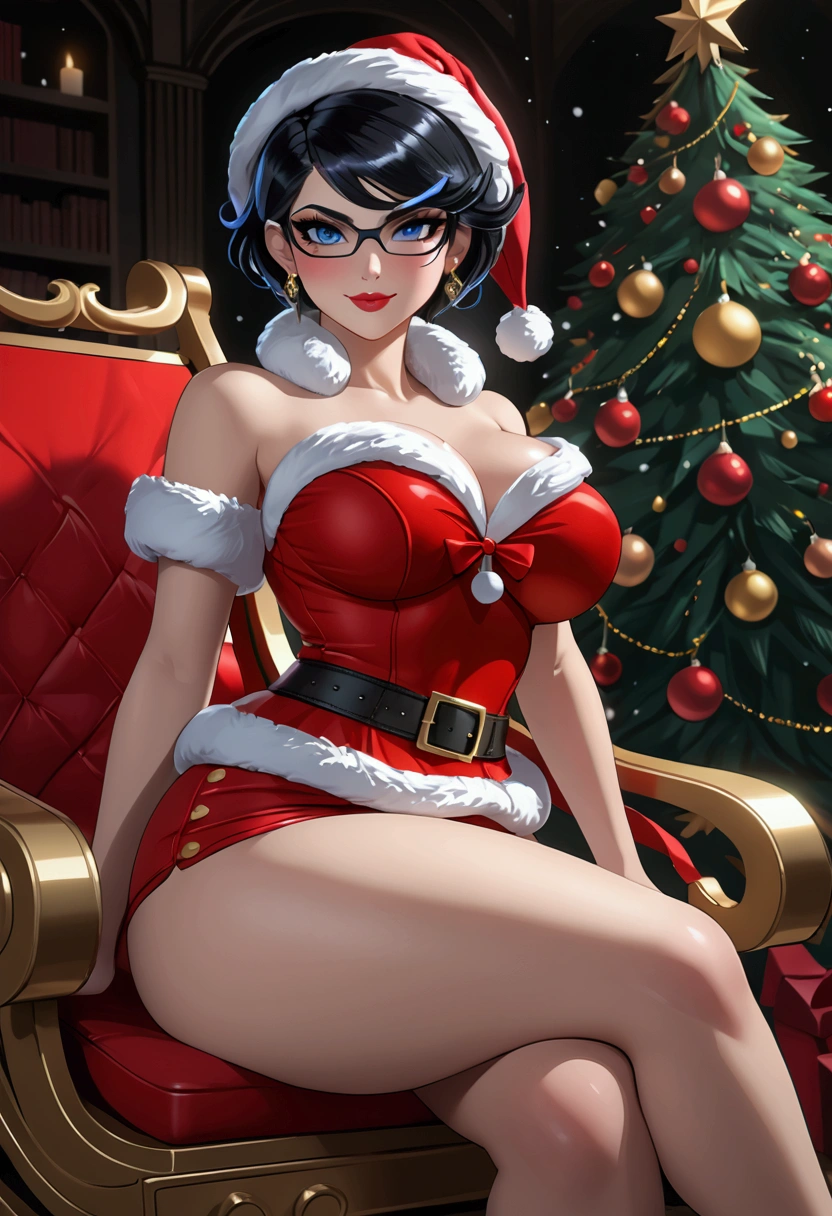 Bayonetta、Miniskirt Santa Outfit、 attractive,desire, Obscene, blue eyes,thick,curvy, black hair, blue eyes, black hair, short hair, makeup, lipstick, Captivating body lines , (( fine facial features , seductive smirk, eroticism)), dramatic lighting , 8k , snowy Christmas tree posing inside a sleigh、 white Christmas、 full body view、Legs over sleigh、 seductive thighs 、Exuding sexiness、Use warm colors、