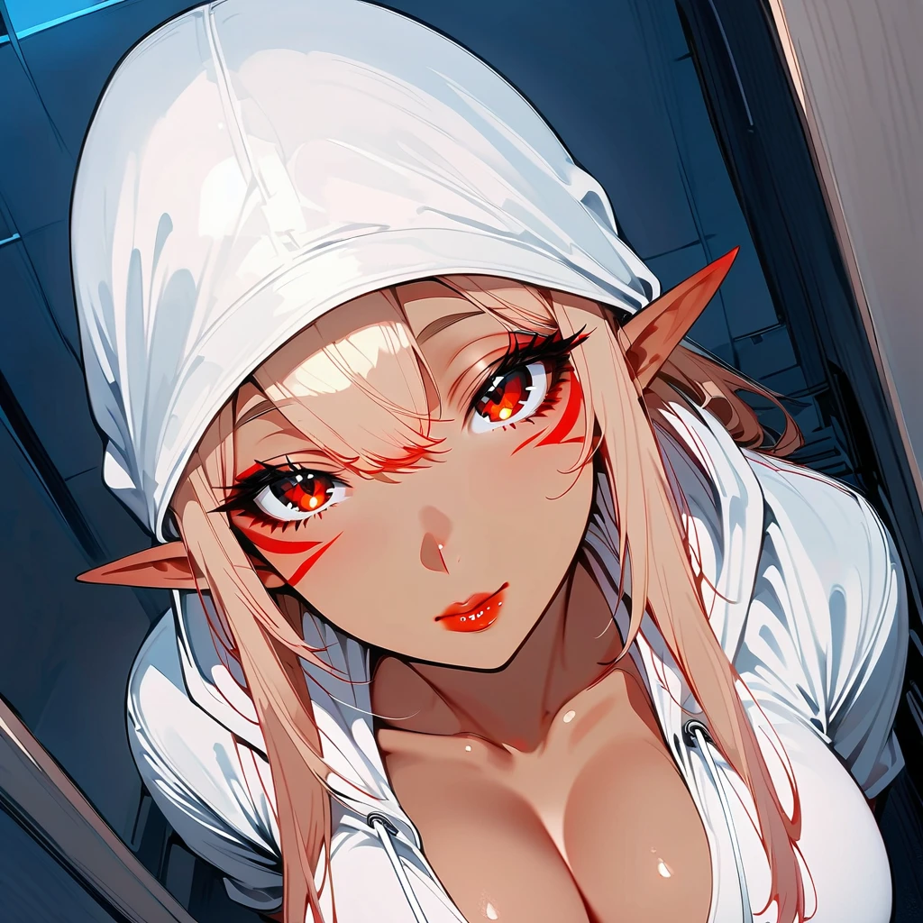 (masterpiece, best quality:1.2), 1 girl, alone, tanned skin, gyaru woman, eyeliner, detailed beautiful glistening red eyes, zip-up hoodie over head, night time, (from above: 1.7), lip gloss, shadow over face, against the wall, kabedon, between legs, pointy ears, elf, cleavage, Lying on top clothed