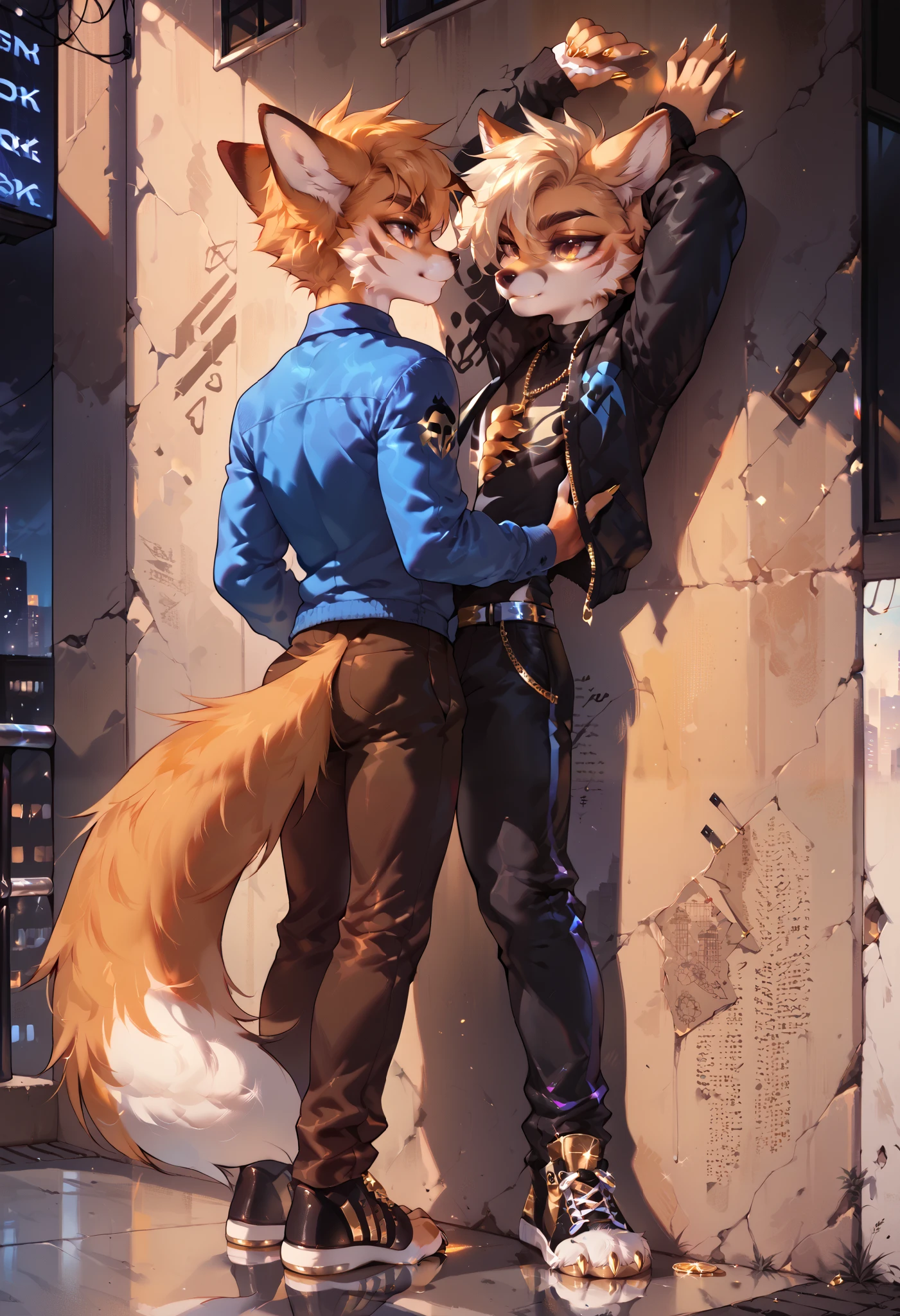 Male, anthropomorphic, fox, stripes, gold nails, city, athletic, ultra realistic, thighs, gold pawpads, lonely, leaning against wall