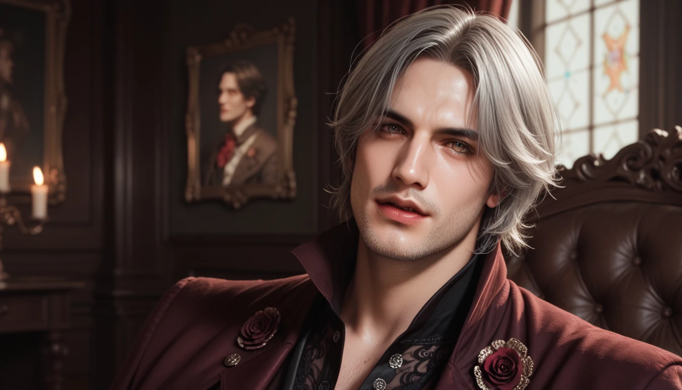 1 man, Dante Sparda, Vampire style,  masterpiece fails, Dark tones,  Victorian style,  bloody pentagrams