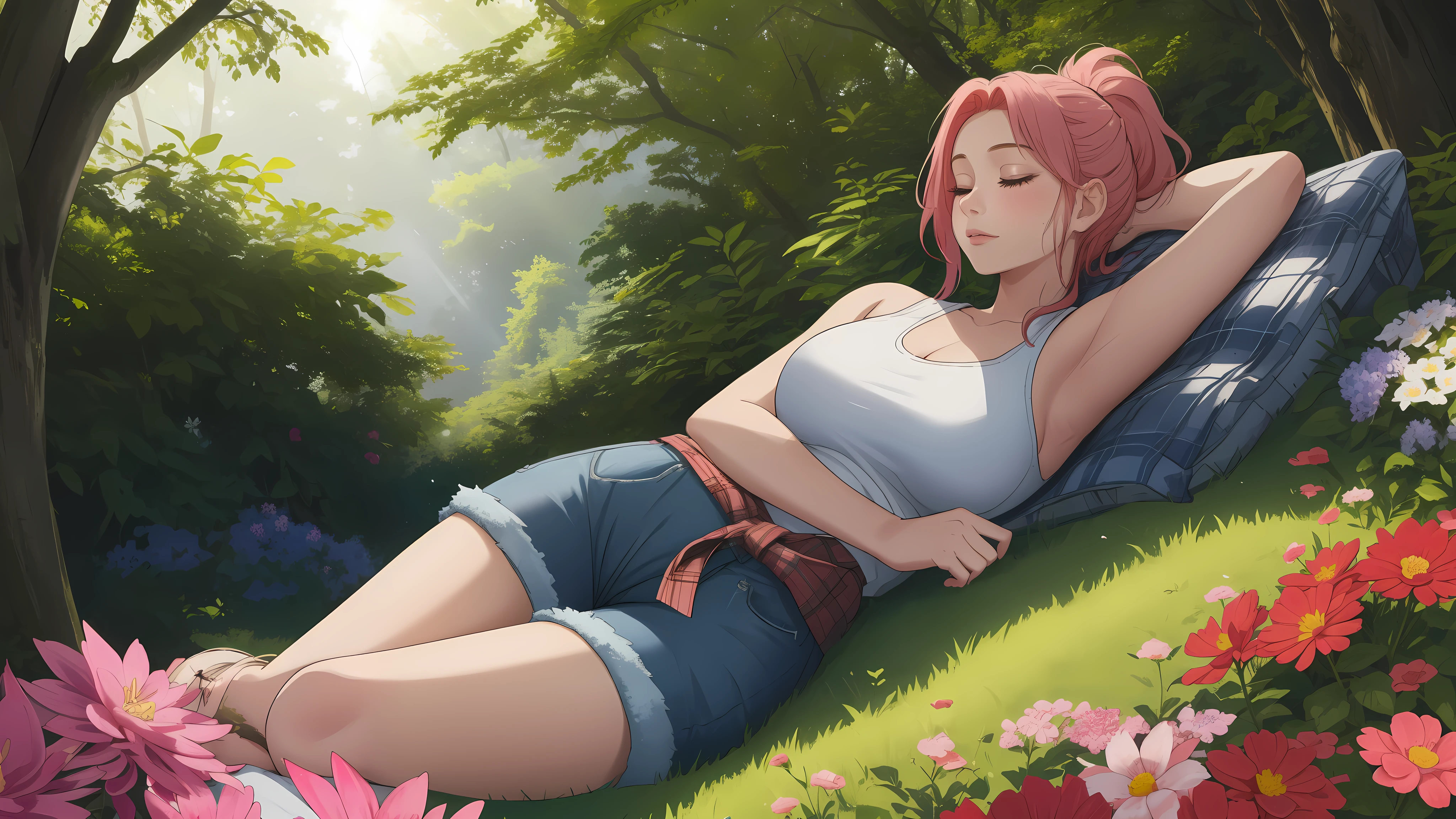 "A wide-angle, top-down view of a young woman peacefully sleeping in the middle of a lush and vibrant flower garden surrounded by numerous tall, leafy trees. The garden bursts with colors—pinks, purples, yellows, and whites—that stretch endlessly, creating a magical and serene atmosphere. The woman lies relaxed in the center, her blonde-red hair tied back, dressed in a pink tank top, long denim jeans, and white sneakers, with a plaid flannel shirt tied casually around her waist. Sunlight filters through the dense tree canopy, casting dappled light and soft shadows across the flowers and her tranquil figure. The expansive view captures the harmony of the enchanting garden and the peaceful shelter of the surrounding forest, evoking a sense of wonder and calm."
