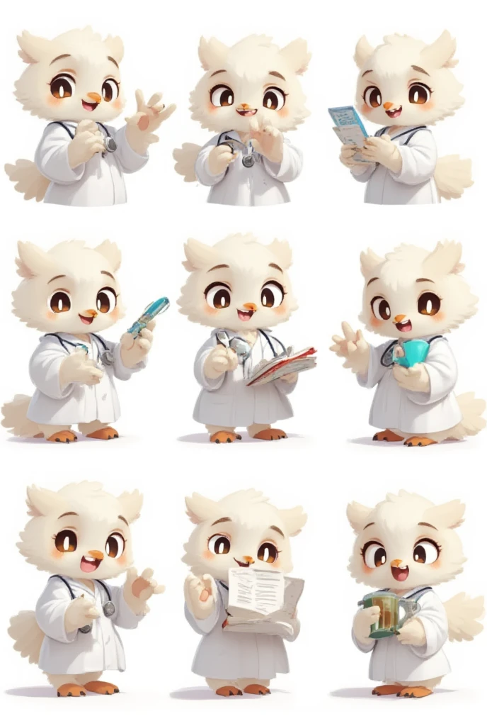 An anthropomorphic light-colored owl anesthesiologist named Som, maintaining its signature wise and professional personality. Som has soft feathers, expressive eyes, wearing a white lab coat and a stethoscope. The character is shown performing eight different actions, all while looking directly at the camera: Holding a syringe with a confident smile, preparing for a procedure. Gesturing reassuringly with one wing, as if calming a patient. Sitting at a desk, writing notes on a clipboard with focus. Holding an oxygen mask, demonstrating its use with a gentle expression. Giving a thumbs-up gesture with a cheerful and encouraging look. Pointing at a medical chart with a teaching demeanor. Holding a coffee mug, taking a break with a relaxed expression. Standing with wings crossed, exuding calm confidence and professionalism. The background is pure white, ensuring the character is the main focus.