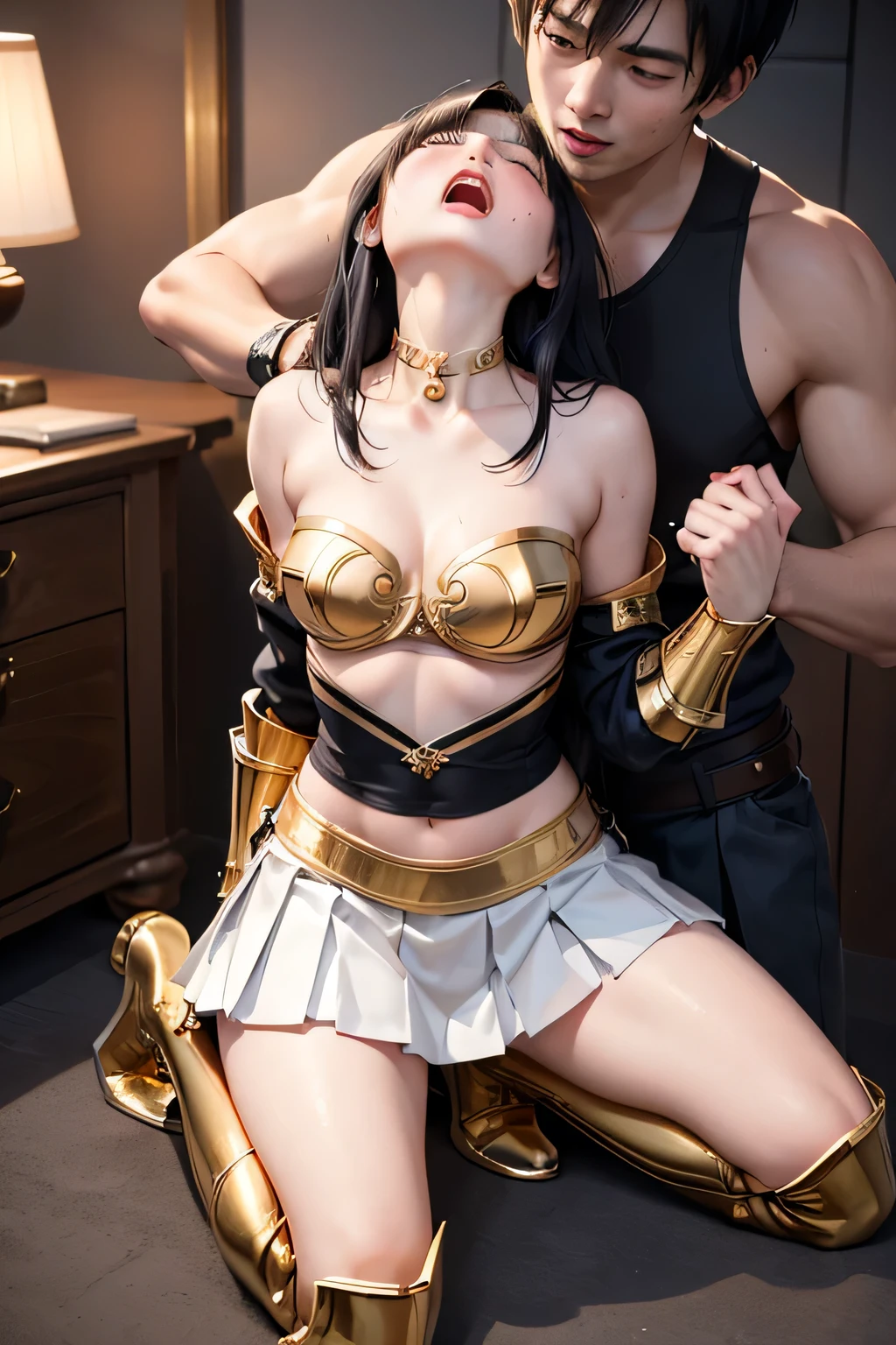 Nsfw, BDSM, ((score_9)), score_8_up, score_7_up, kasumidoa6, Tifa Lockhart、FF7R, (((masterpiece))),16k hdr, hyperRealistic, (RAW Photos), highest quality, professional lighting, ultra detailed, Realistic skin, natural light and color, photo manipulation, altered realities, digital artistry, evocative narratives, striking visuals, (((masterpiece))), ((highest quality)), (super detailed), (CG illustration), (so beautiful )), cinematic light, erotic grotesque, japanese woman, pretty girl, double eyelids in both eyes,long eyelashes, close-up, BREAK ((((1 boy and 1 girl are having sex on ring)))), ,rope,bondage,bound,restrained,shibari,shibari over clothes,bound wrists,bound ankles,bound arms,bound legs,bound wrists,box tie,breast bondage,crotch rope,skindentation,
BREAK 1boy, 25 years old , wresler, big man, standing, 

BREAK 1 girl, 18 yo, Elegant mature woman, Fine skin, real looking skin, Height:158cm, body weight:42㎏, breasts:82cm, waist:58cm, hip:80cm, vital statistics, Ultra-fine facial texture, Realistic beautiful face, realistic beautiful eyes, very detailed eyes, beautiful fingers, hairs between eyes, BREAK ((flat chest)), ((slender body)), (((Thin thighs))), narrow waist, (((perky breasts))), BREAK armor knight, (((bikini-type gold metal breastplate, lift))), intricate decoration, (((crop top))), (((strapless dress))), ((Cleavage)), (((choker))), 
BREAK (((((Thigh-length gold metal boots, pin heel))))), (((gold gauntlet))), Metallic Shine, BREAK (((knee length skirt))), (((((white pleated skirt))))), (((white panties))), BREAK ((beautiful dark blue hair)), (((Long hair))), ((straight hair)), (silky hair), ((asymmetrical bangs)), ((hair between eyes)), 46 points oblique bangs, ((beautiful dark navy eyes)), gloss light pink lipstick, BREAK (((arms behind back))), BREAK ((Turning Head Away)), ((blush)), ((orgasm expression)), (((wide open mouth))), ((((narrow eyes)))), (tears), (saliva trail), ((sweat face)), (((steam))), (((breath))), (Glossy skin), ((sweat skin